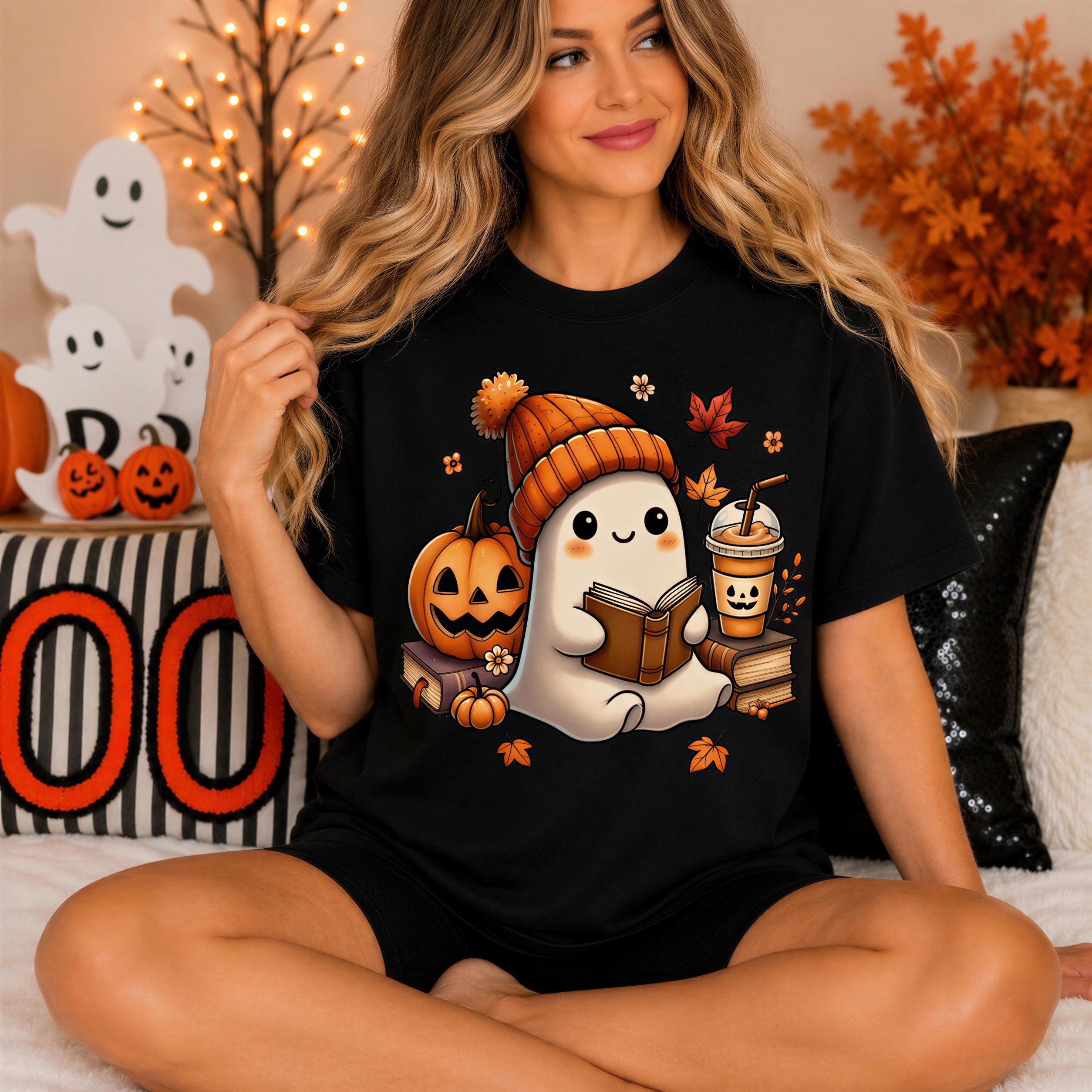 A woman wearing a black t-shirt with a graphic of a ghost reading a book and holding a pumpkin, surrounded by Halloween-themed decorations.
