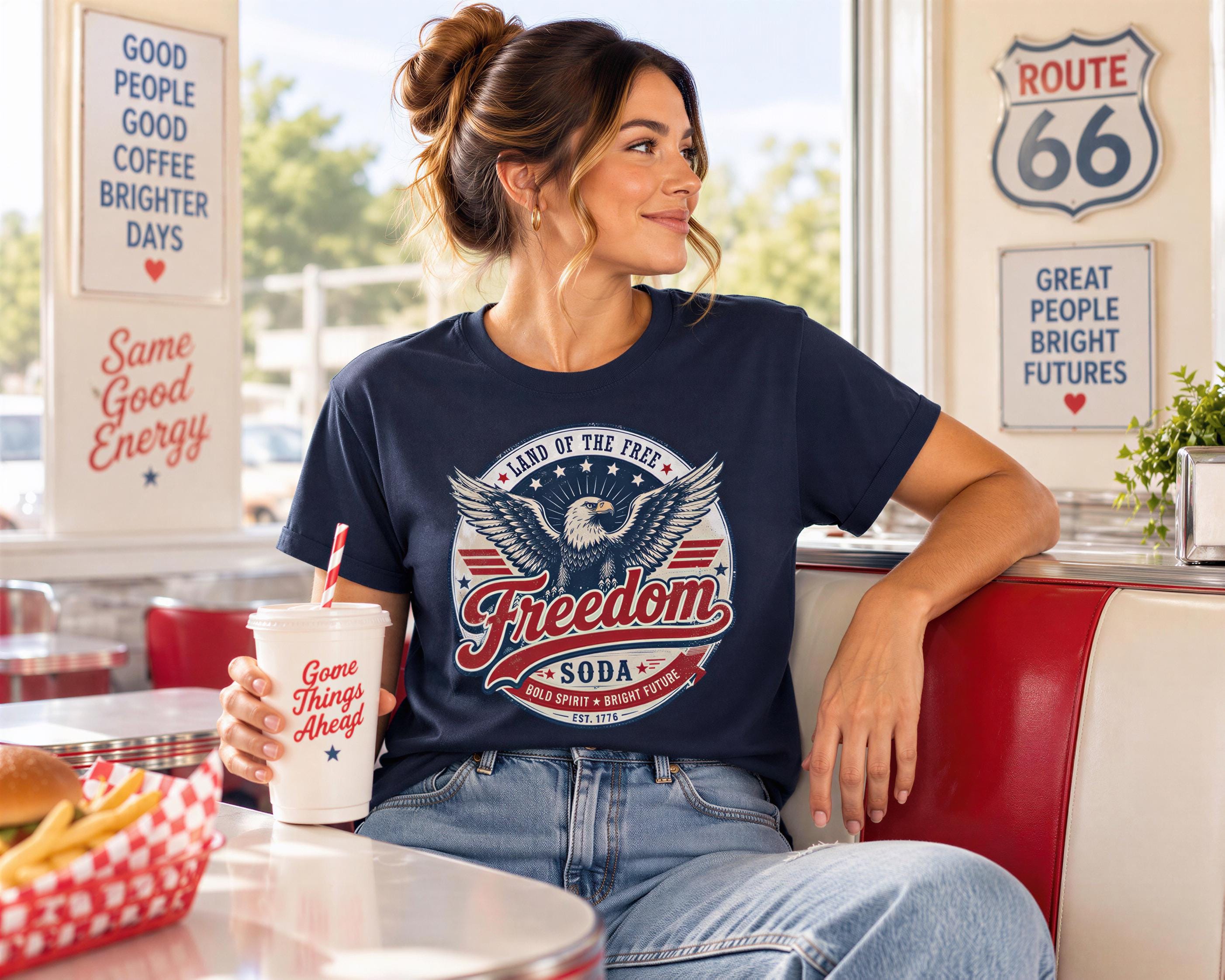 A woman wearing a navy blue t-shirt with a patriotic design is sitting at a table in a diner, holding a cup of soda and smiling.