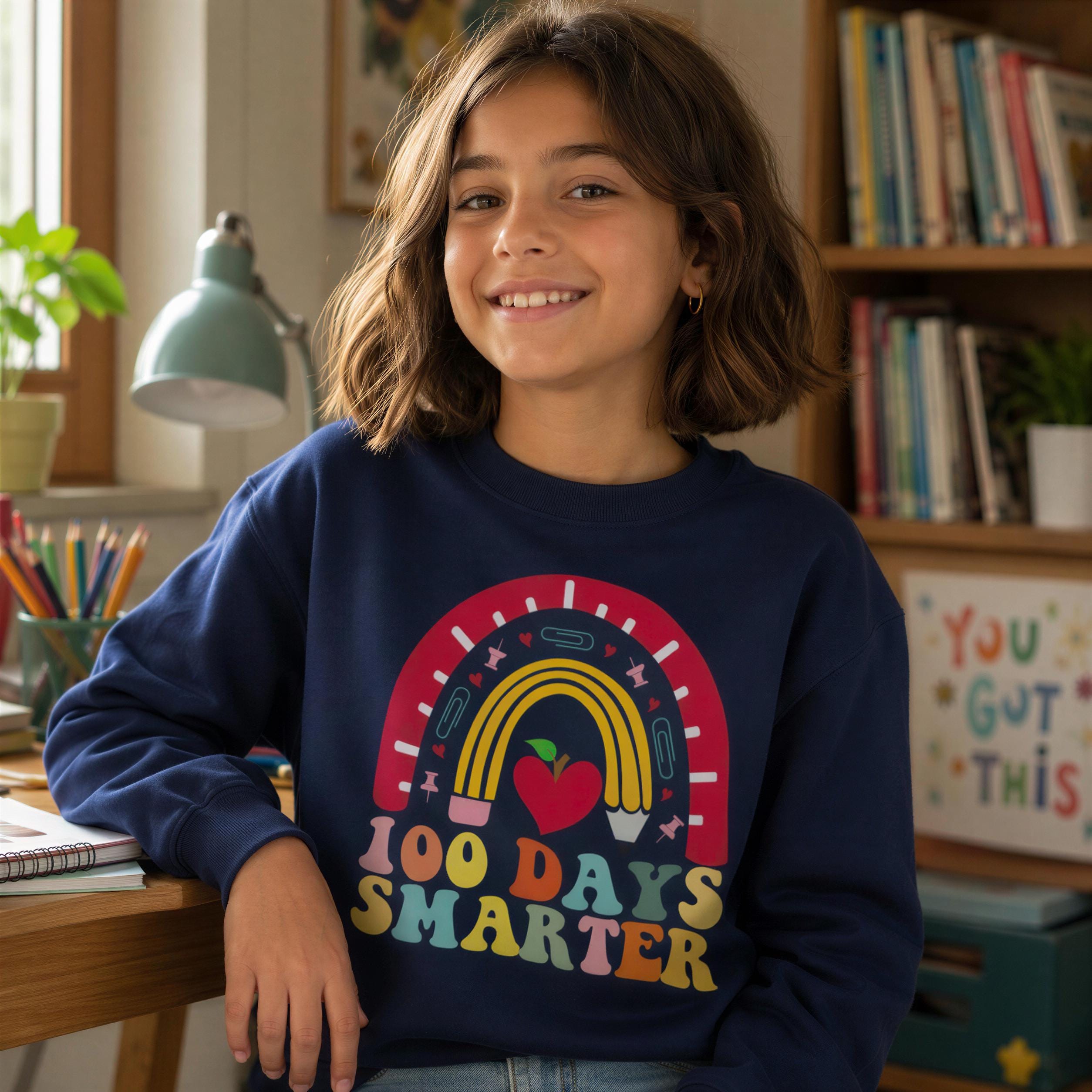 A young girl wearing a blue sweatshirt with a colorful graphic and text, smiling at the camera.