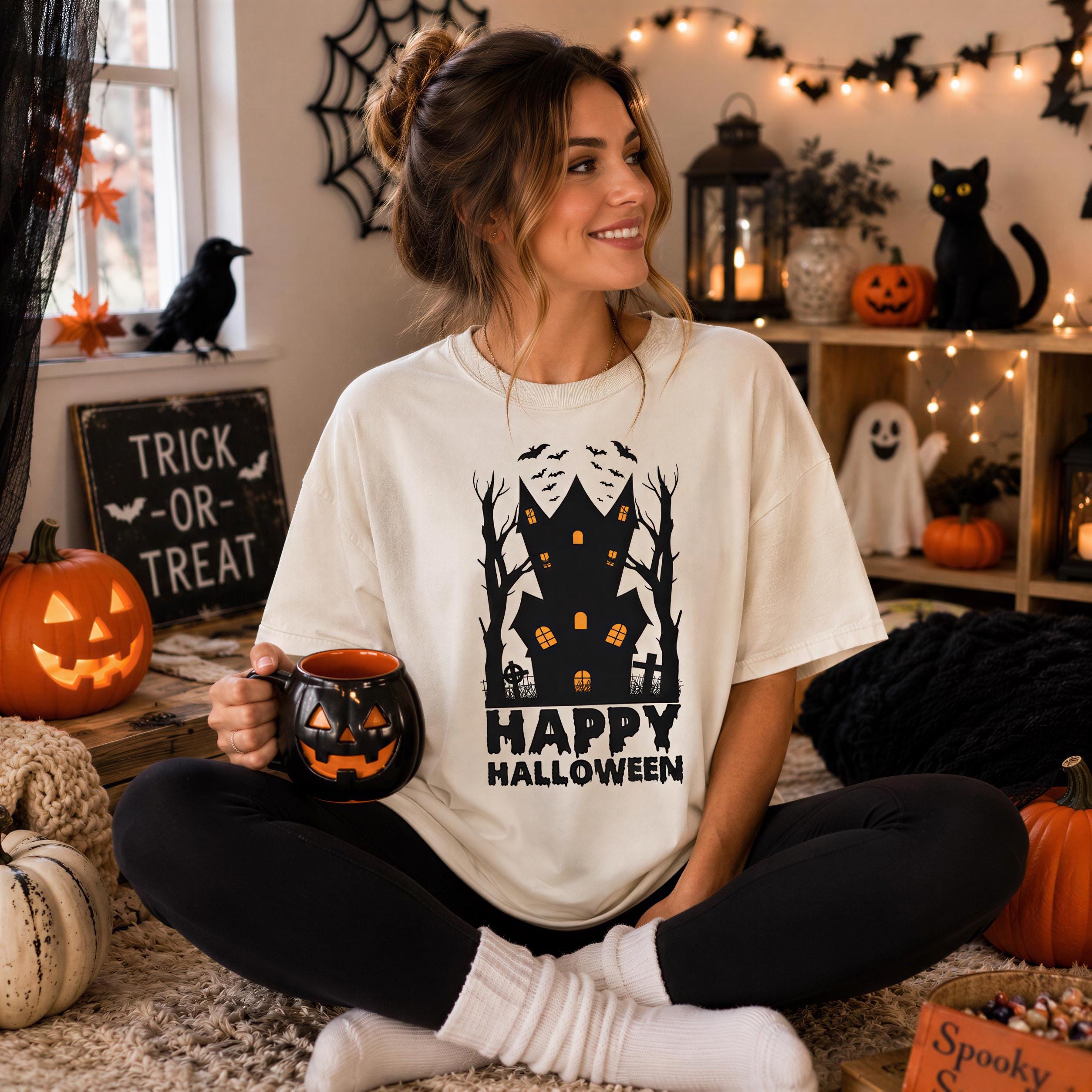 A woman sits on the floor, holding a mug with a Halloween-themed design, surrounded by Halloween decorations and a "Trick or Treat" sign.