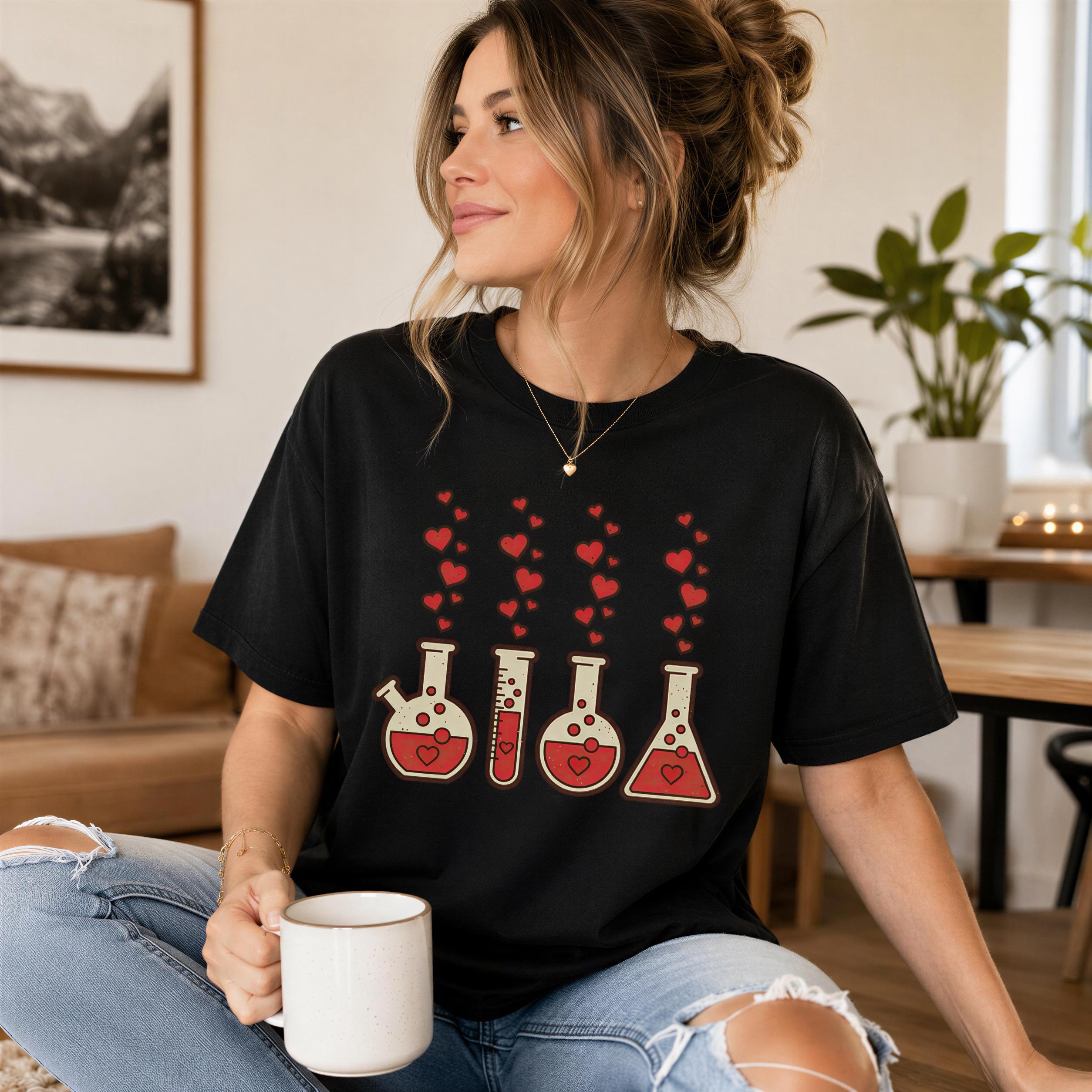 A woman wearing a black t-shirt with a graphic design of red heart-shaped icons and a red and white chemical flask. She is sitting on a couch and holding a white mug.
