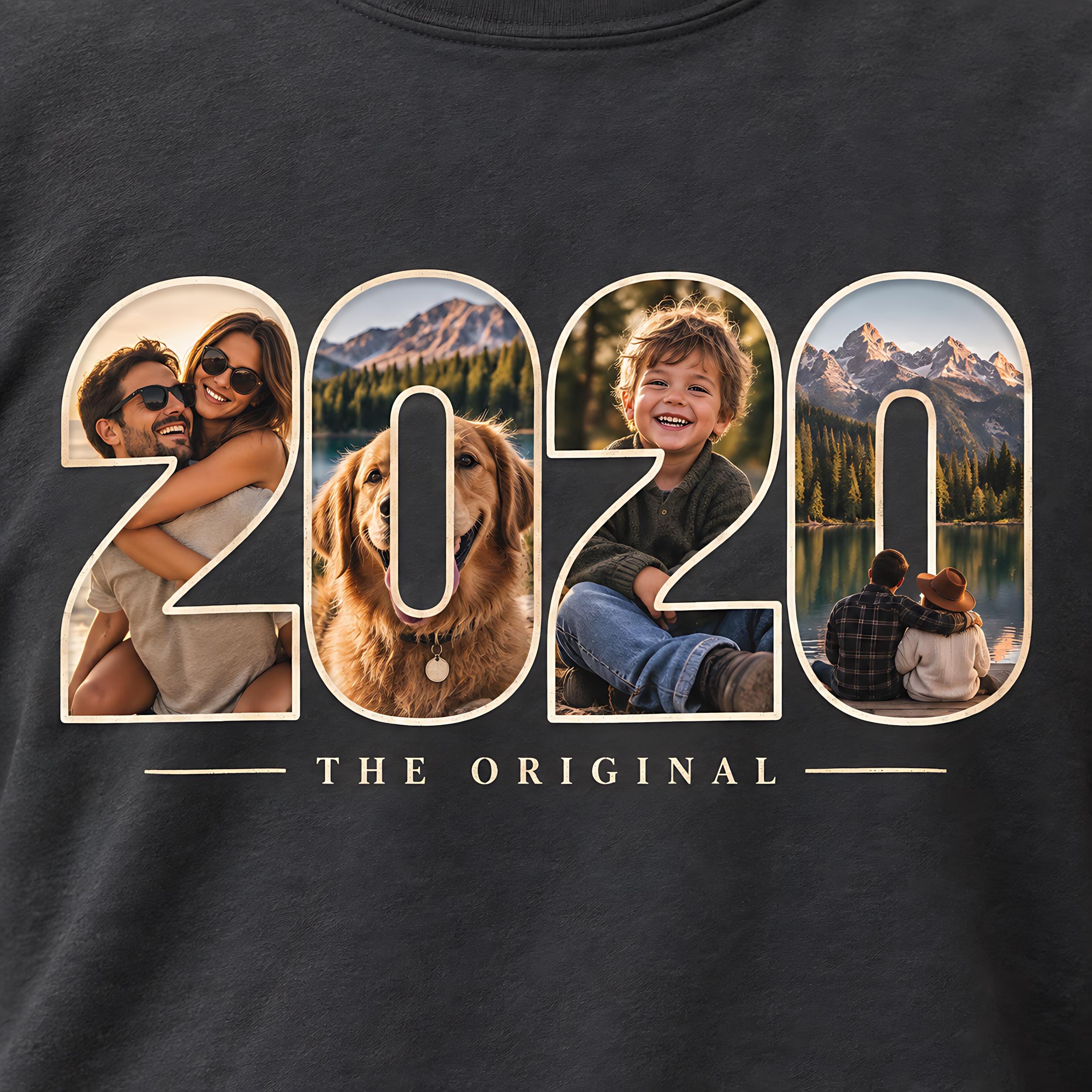 The image is a collage of various photos, including a couple embracing, a dog, and a child, arranged to form the text "2020 THE ORIGINAL".