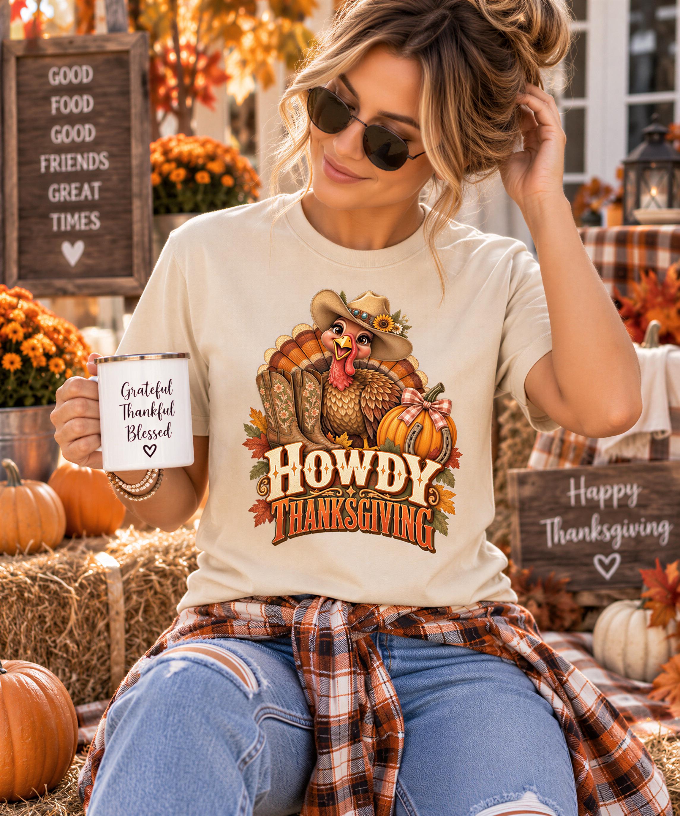 A woman wearing sunglasses and a t-shirt with a turkey graphic holding a coffee mug with the text "Grateful, Thankful, Blessed" and "Howdy Thanksgiving" printed on it, sitting in front of a fall-themed backdrop.