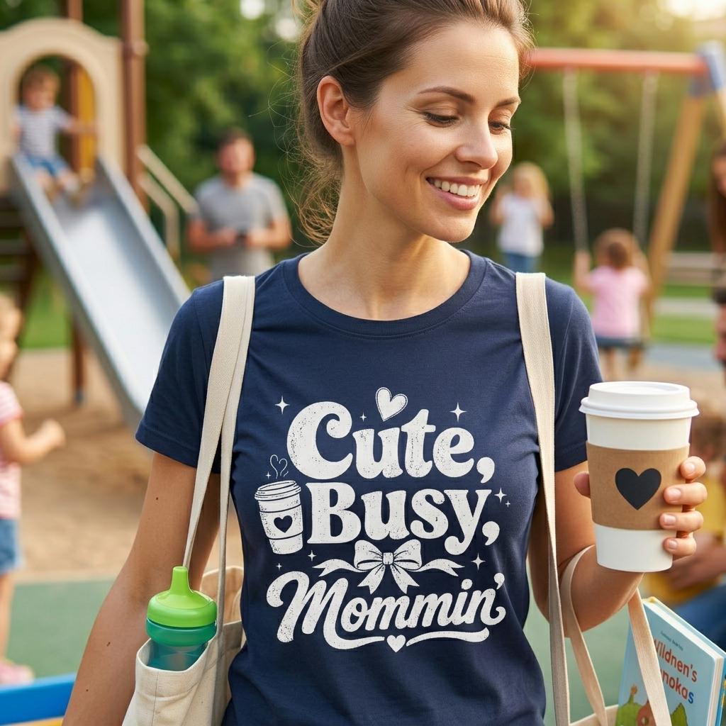 A woman wearing a blue t-shirt with the text "Cute, Busy, Mommin!" is holding a coffee cup and smiling, with a playground and other people in the background.