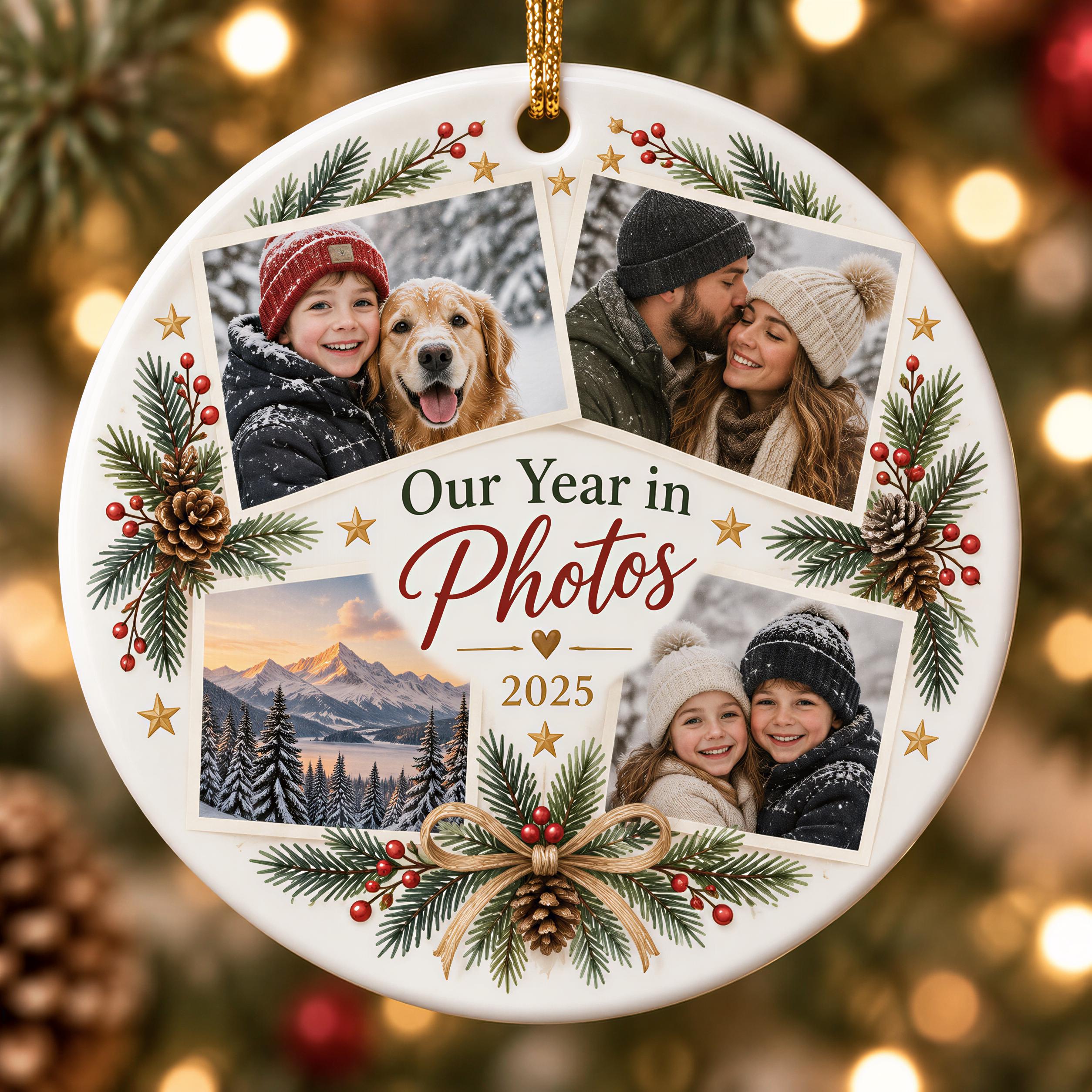 A white ornament with a collage of four photos of a couple and their dog, surrounded by pine branches and red berries, with the text "Our Year in Photos" and "2025" below the photos.