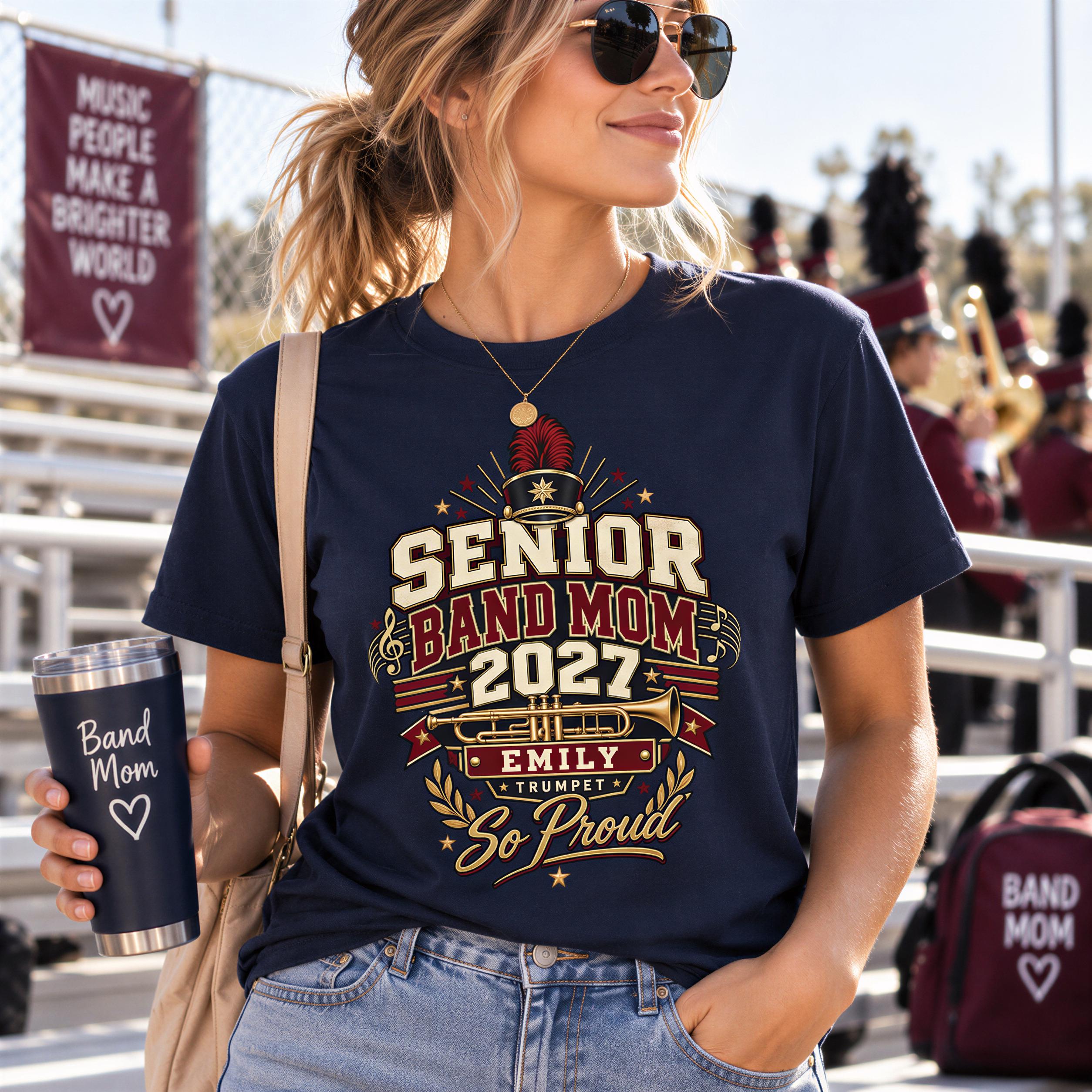 A woman wearing sunglasses and a navy blue t-shirt with a graphic design stands in front of a marching band, holding a black tumbler with the text "Band Mom" on it.