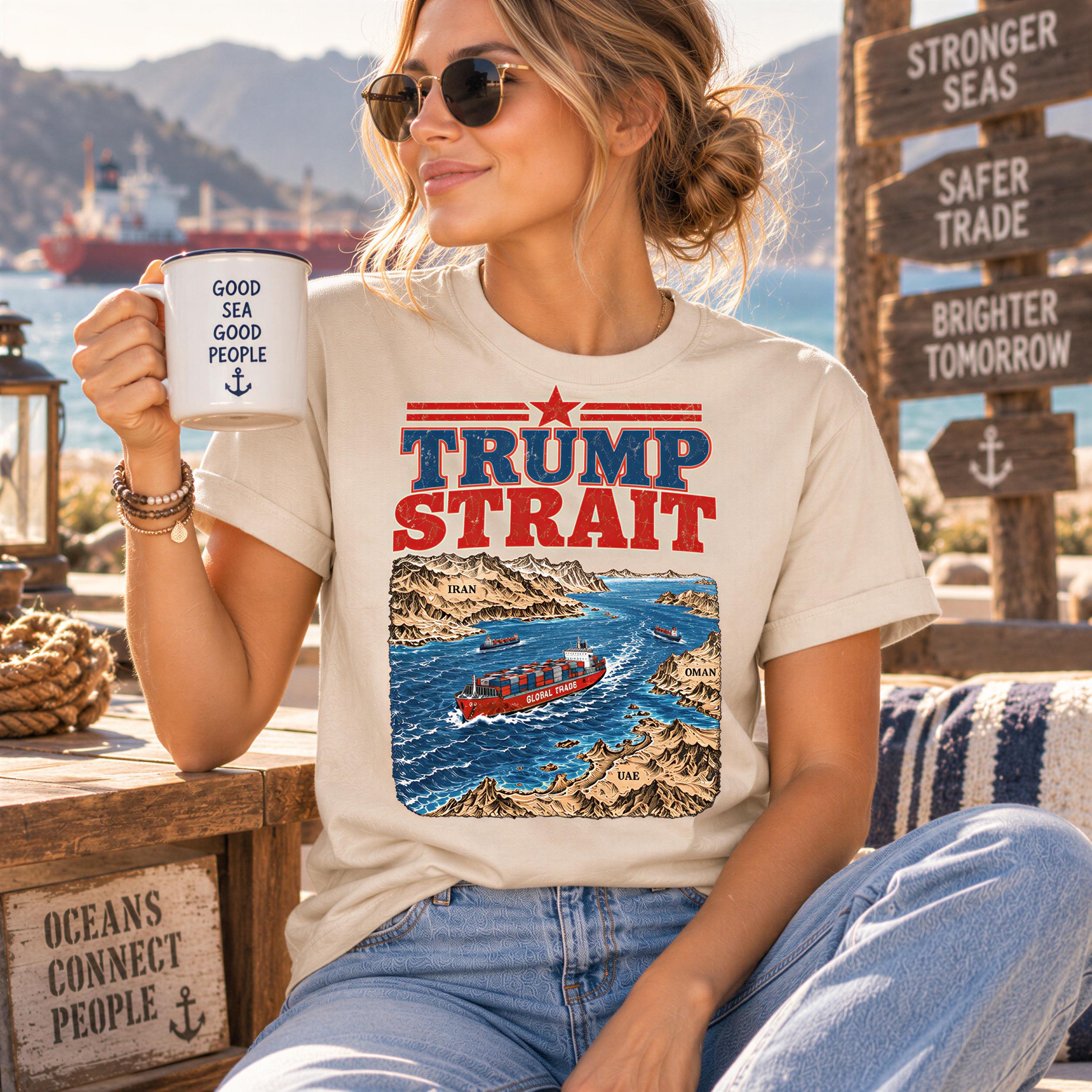 A woman wearing sunglasses and a t-shirt with a graphic of a boat is sitting on a bench, holding a coffee mug with the text "GOOD SEA GOOD PEOPLE" printed on it.