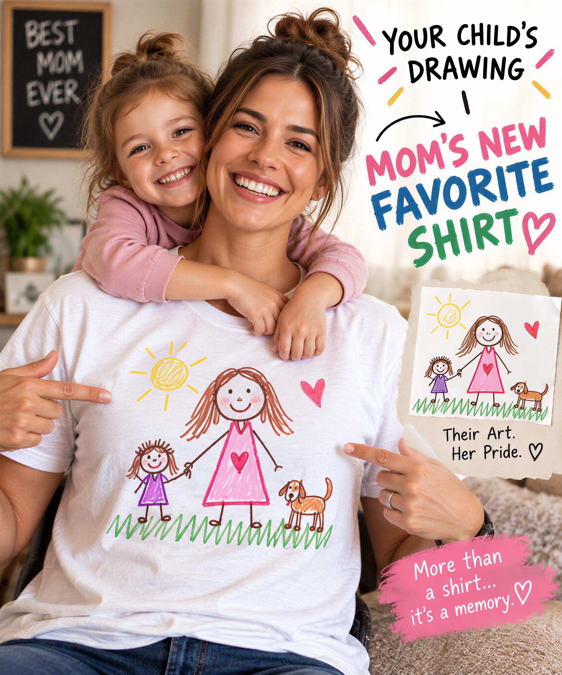 A smiling woman wearing a white t-shirt with a drawing of a child and a dog, pointing to the drawing. The woman is holding a child on her shoulders, and there is a sign that says "Your child's drawing" and "MOM'S NEW FAVORITE SHIRT".