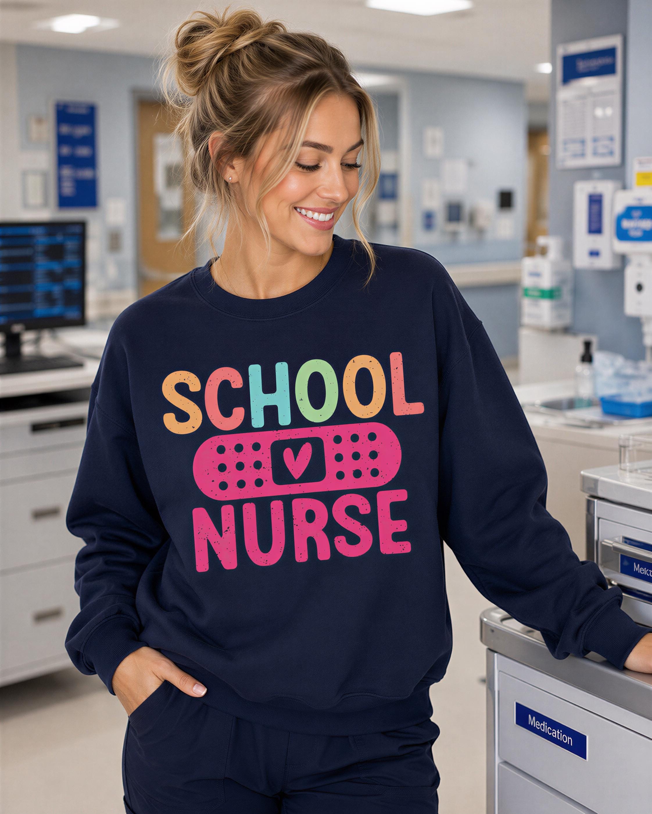A woman wearing a navy blue sweatshirt with the text "School Nurse" printed on it, smiling and leaning against a medical equipment.