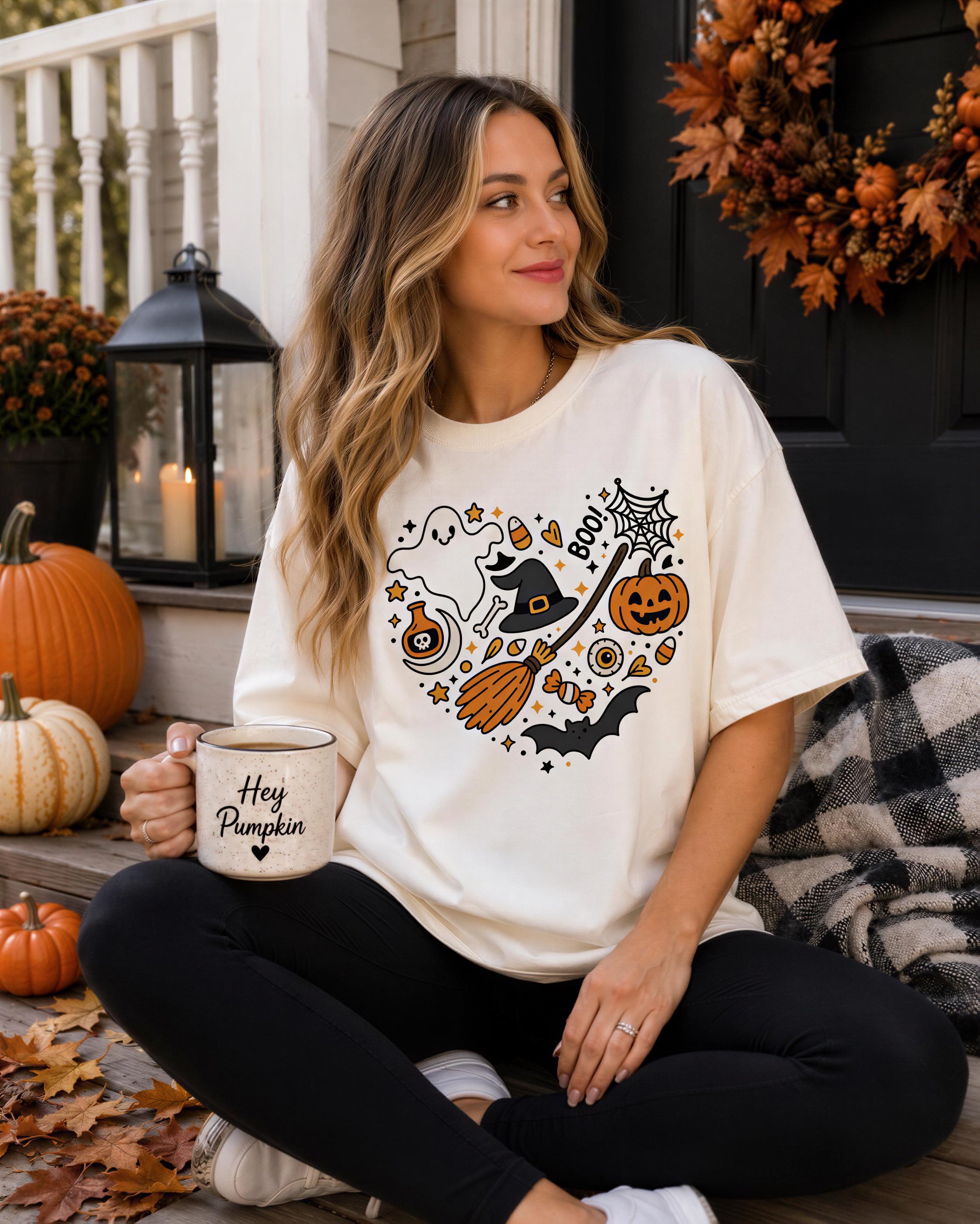 A woman sits on a porch, holding a mug with the text "Hey Pumpkin" and surrounded by Halloween decorations, including pumpkins, a lantern, and a spider web.