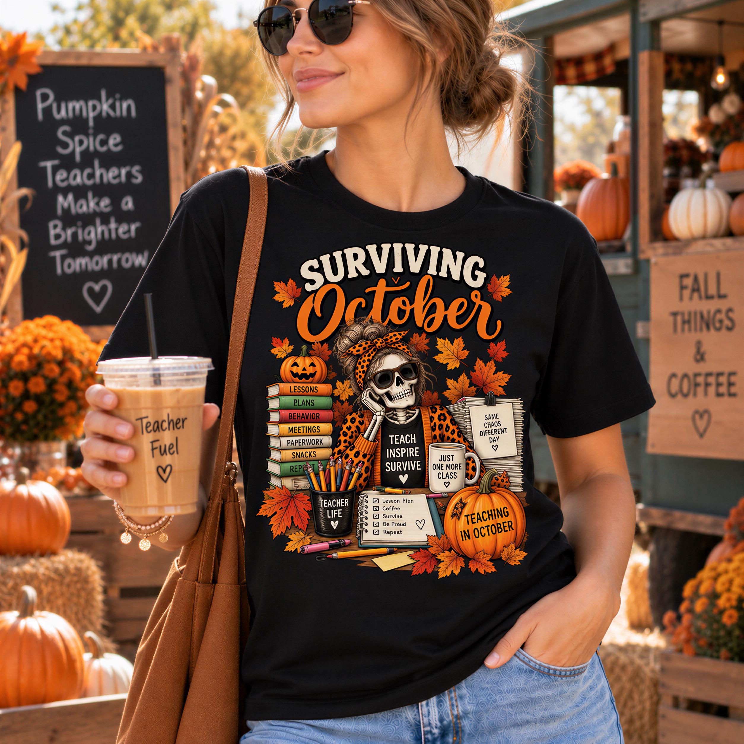 A woman wearing a black t-shirt with a graphic design depicting a skeleton holding a stack of books and a coffee cup, surrounded by autumn leaves and pumpkins.