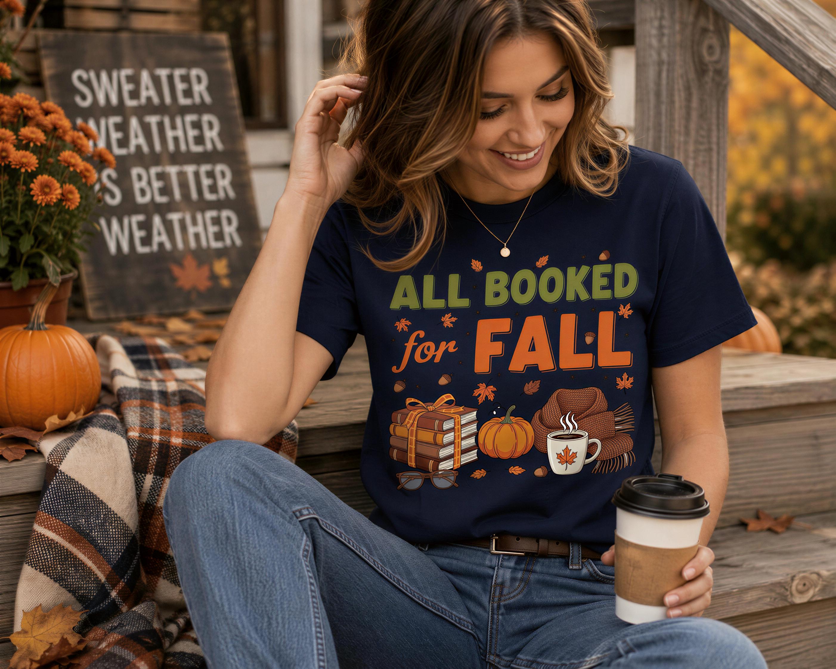 A woman sitting on a wooden bench, wearing a t-shirt with a fall-themed design and holding a coffee cup.