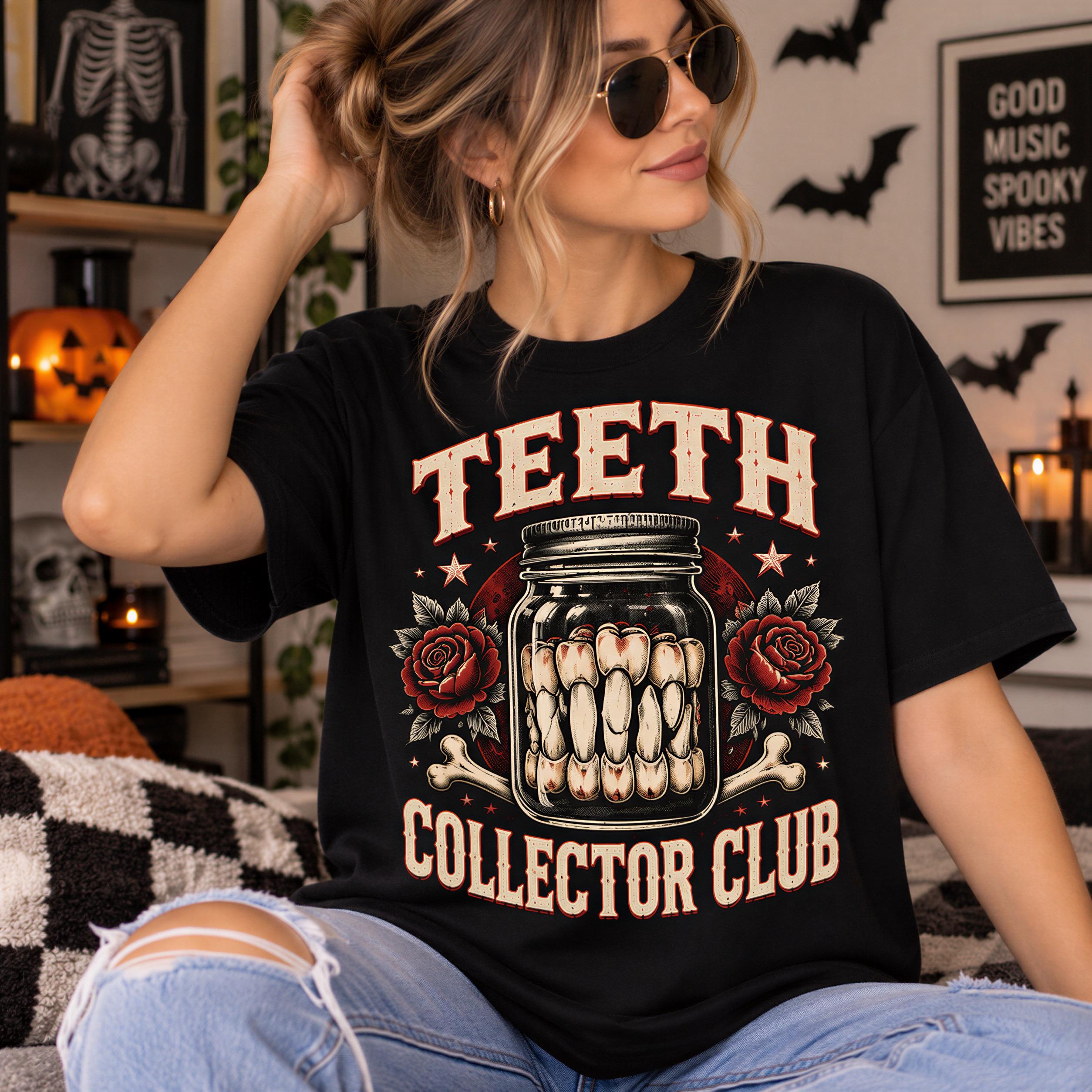 A woman wearing a black t-shirt with a graphic design of a jar containing teeth, surrounded by flowers and bats, sitting on a couch.