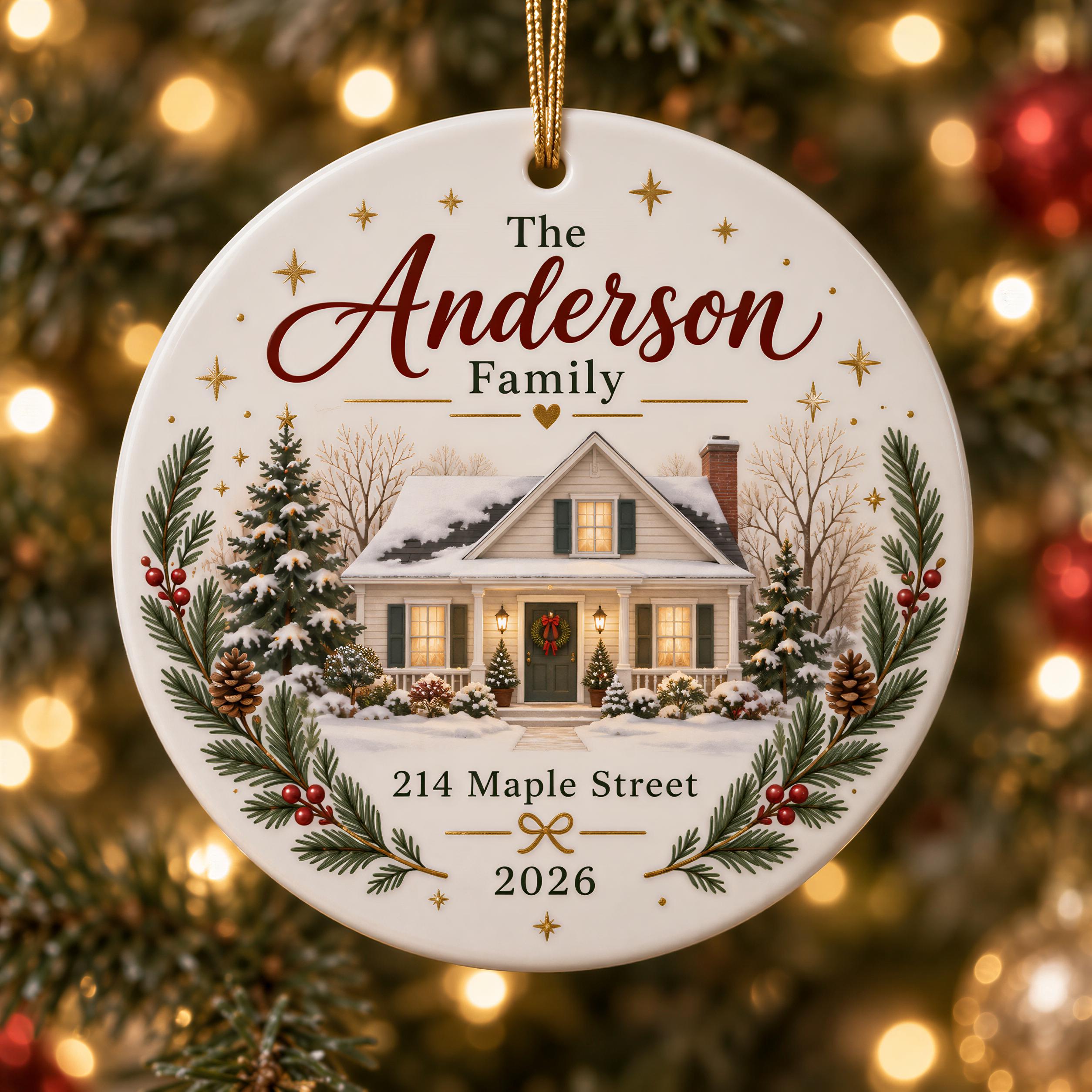 A white ornament with a winter scene depicting a house, pine trees, and a wreath, surrounded by red berries and gold stars.