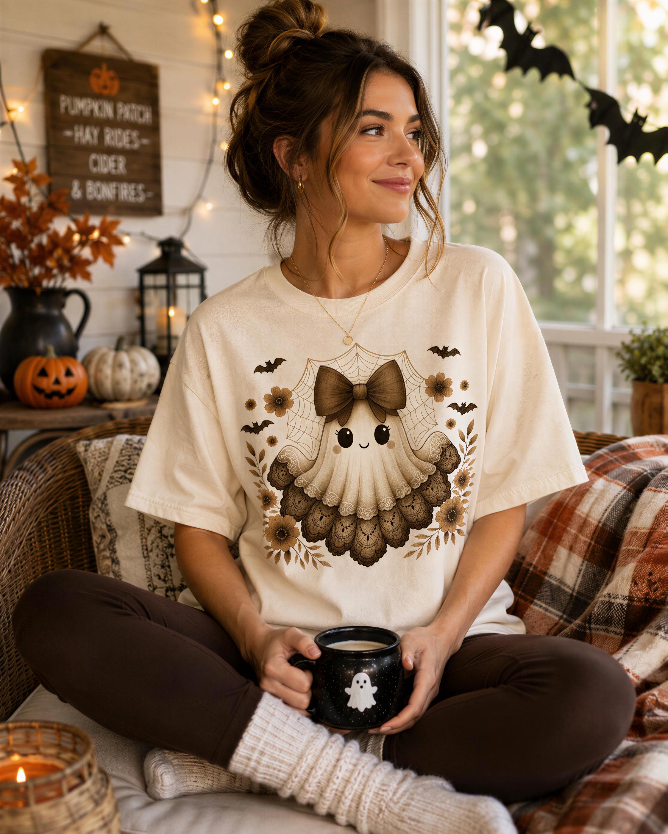 A woman sitting on a couch, wearing a white t-shirt with a ghost design, holding a mug, and surrounded by Halloween decorations.