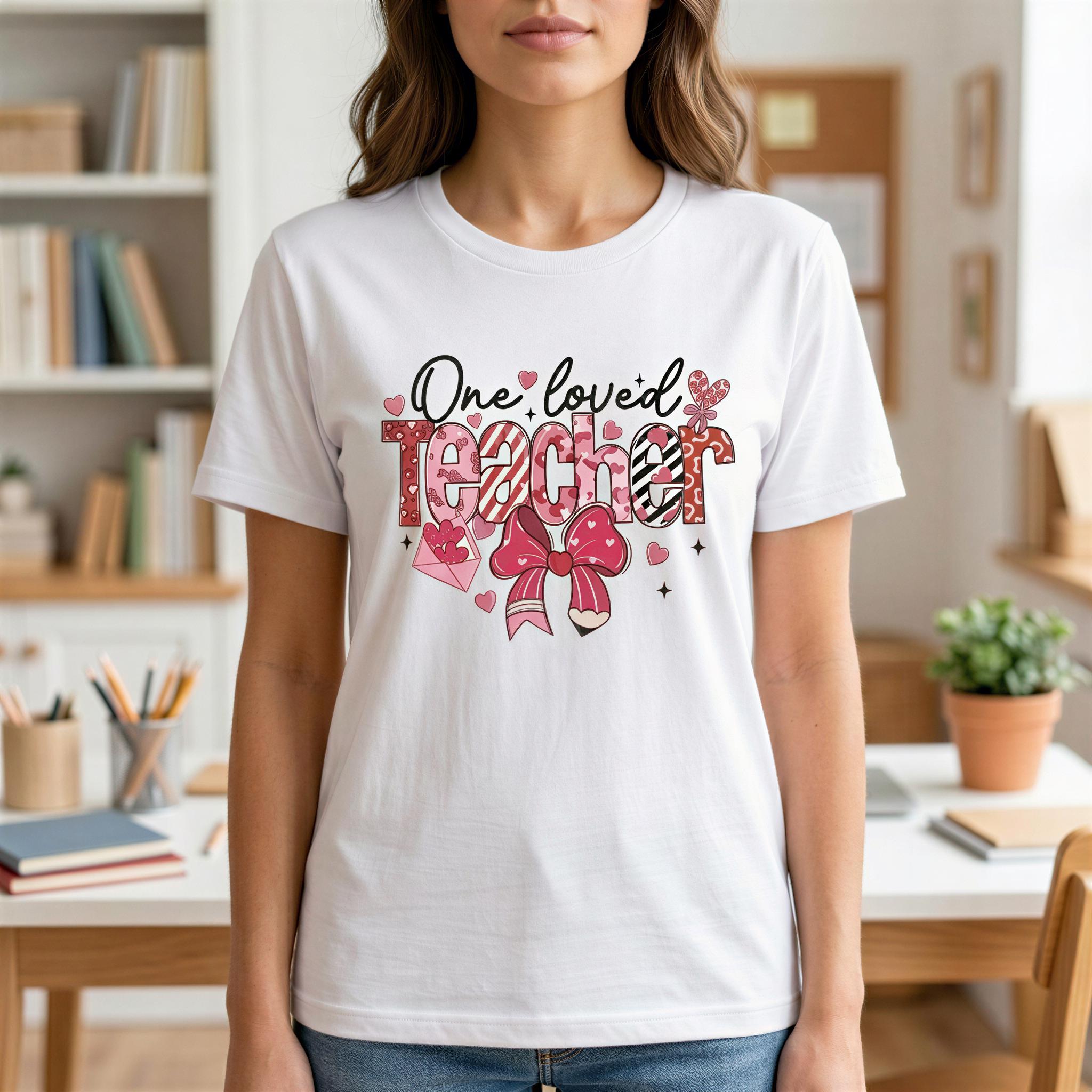 A woman wearing a white t-shirt with a graphic design that says "One loved Teacher" and includes various decorative elements such as hearts and bows.