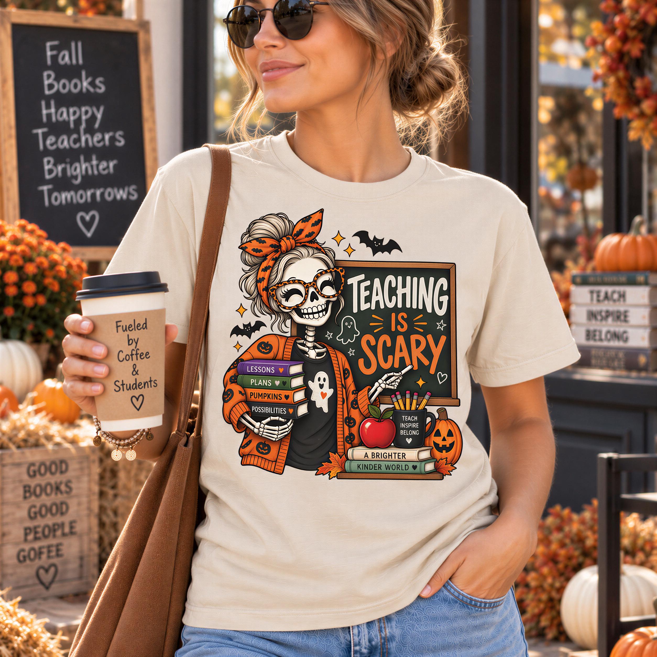 A woman wearing a t-shirt with a Halloween-themed design, holding a coffee cup and standing in front of a chalkboard sign.