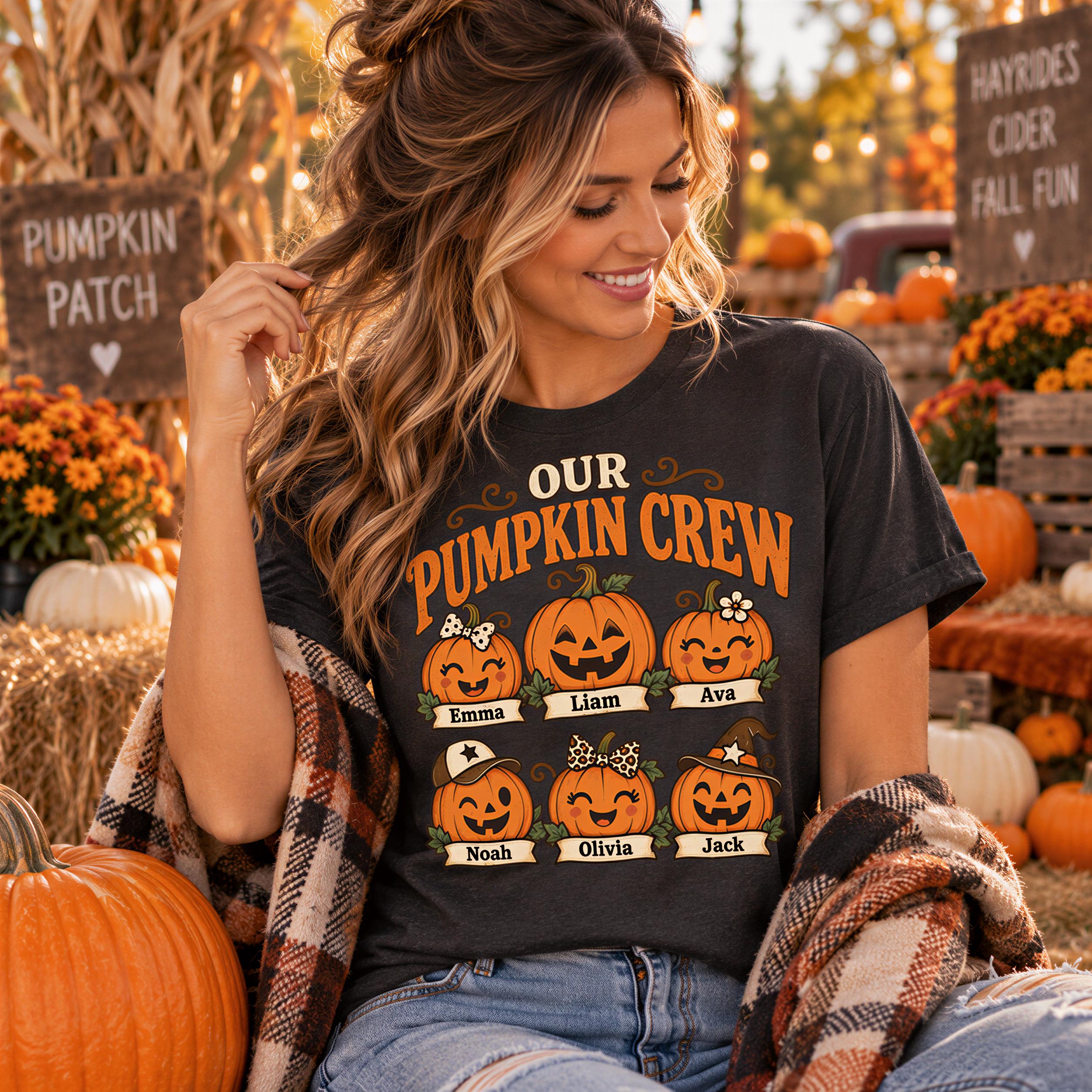 A woman wearing a black t-shirt with a pumpkin crew design, smiling and posing in front of a pumpkin patch with hayrides, cider, and fall decorations.