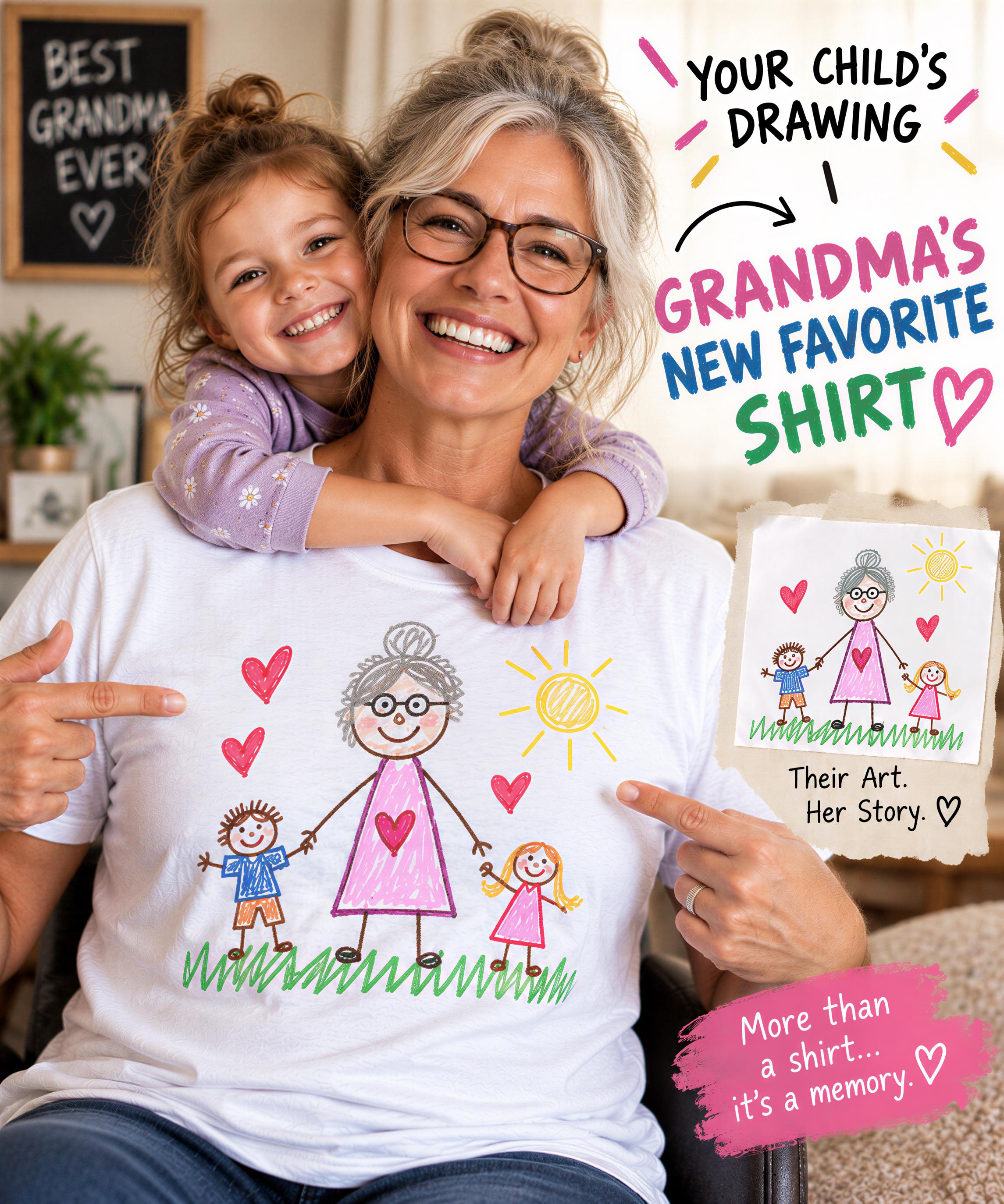A smiling woman wearing a white t-shirt with a drawing of a child and a drawing of a woman, both smiling. The woman is holding a child on her shoulders. The image also includes text that says "Your child's drawing" and "Grandma's new favorite shirt".