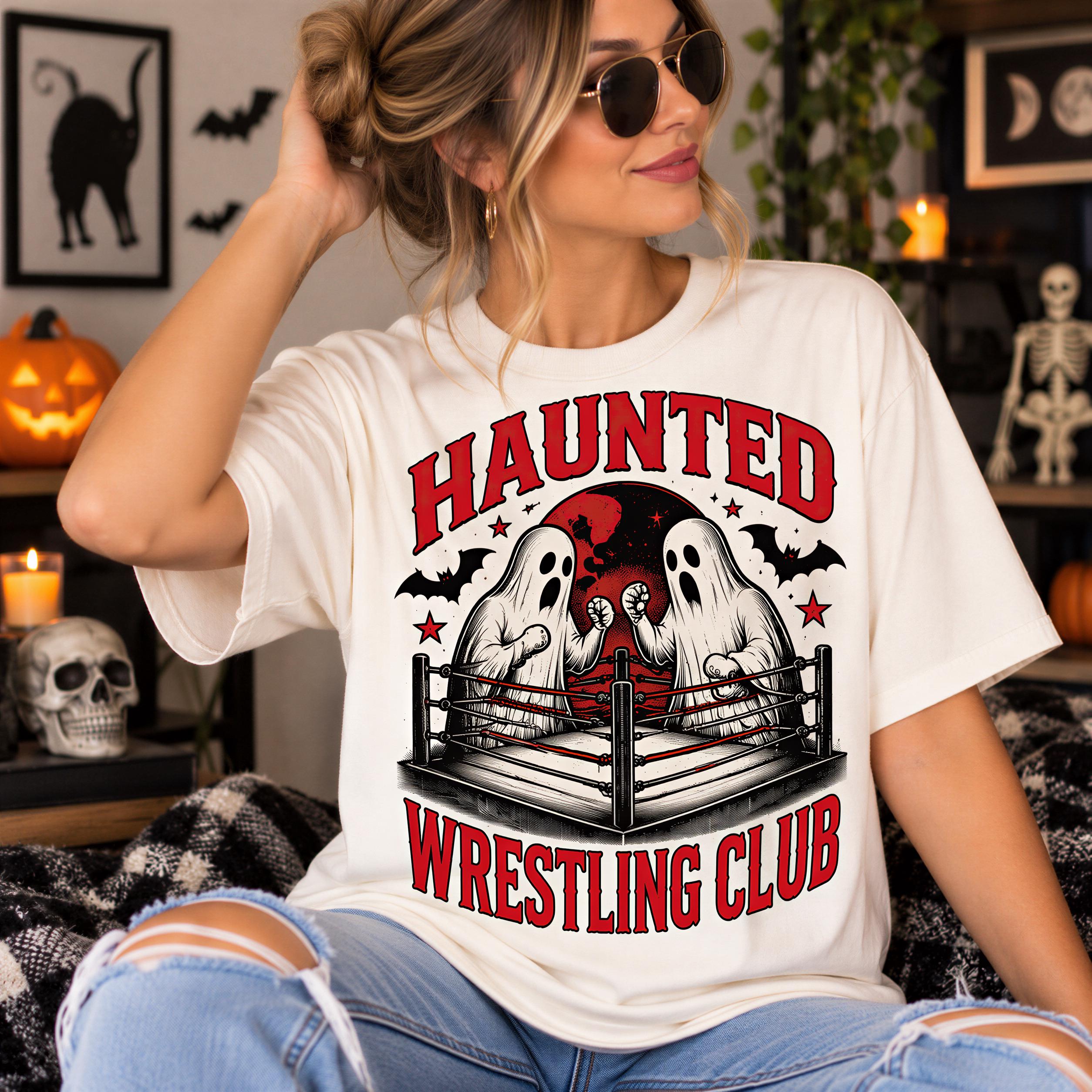A woman wearing a white t-shirt with a graphic design of two ghostly figures in a boxing ring, with the text "HAUNTED WRESTLING CLUB" printed on it.