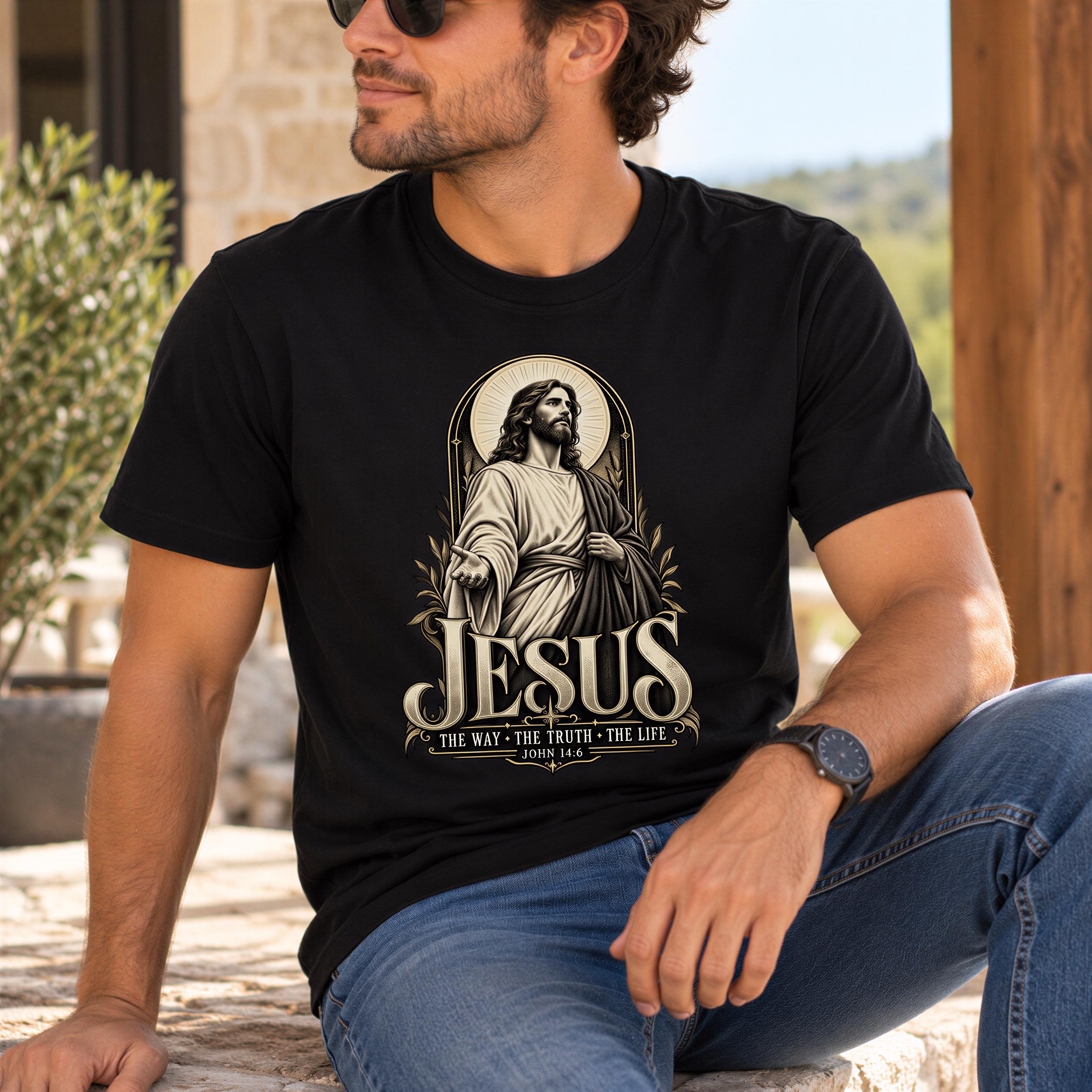 A man wearing a black t-shirt with a graphic of Jesus and the text "JESUS" printed on it.