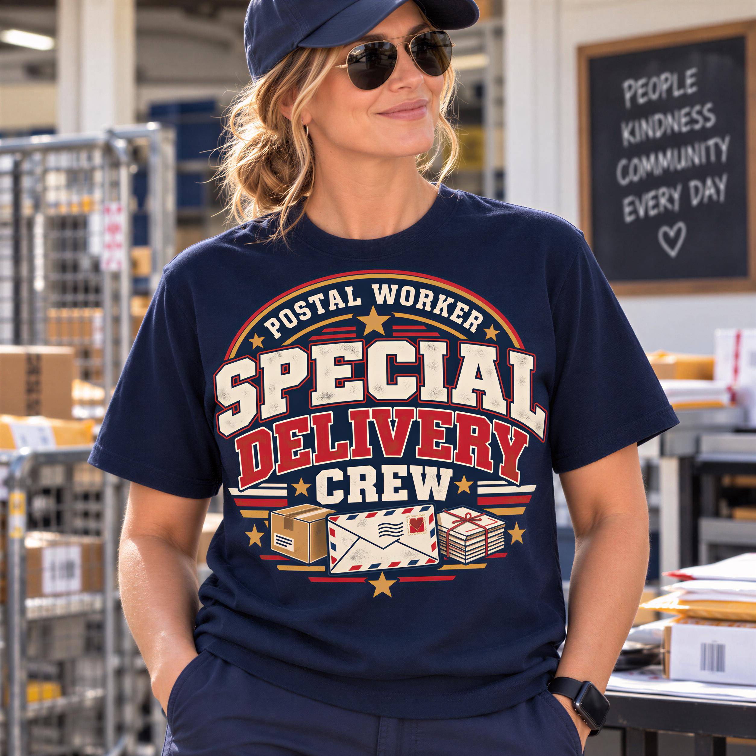 A woman wearing a navy blue t-shirt with a graphic design that says "Postal Worker Special Delivery Crew" and sunglasses, standing in front of a chalkboard with the phrase "People Kindness Community Every Day" written on it.