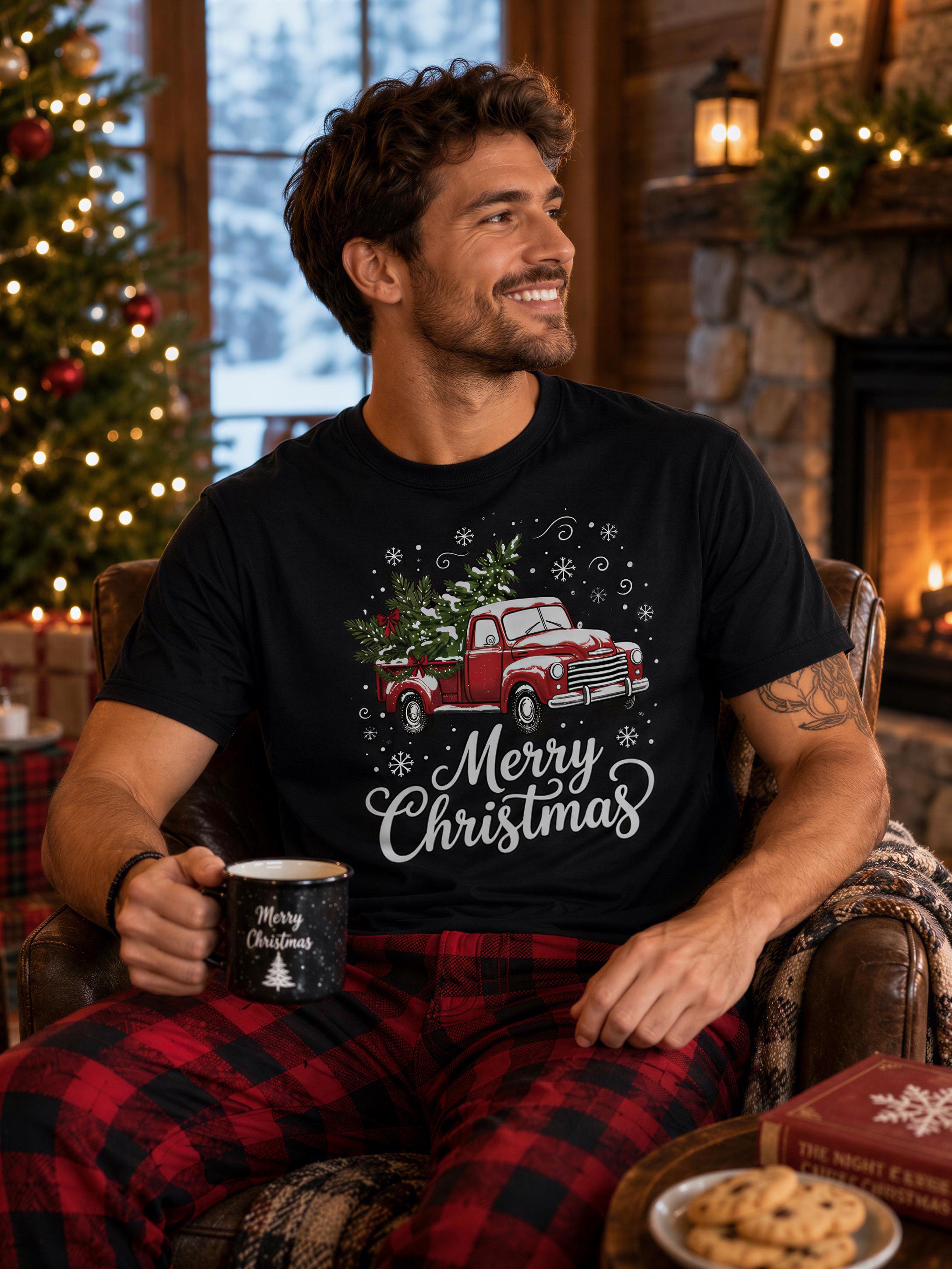 A man wearing a black t-shirt with a Christmas truck graphic and the text "Merry Christmas" is sitting in a chair in front of a fireplace, holding a mug with the text "Merry Christmas" on it.