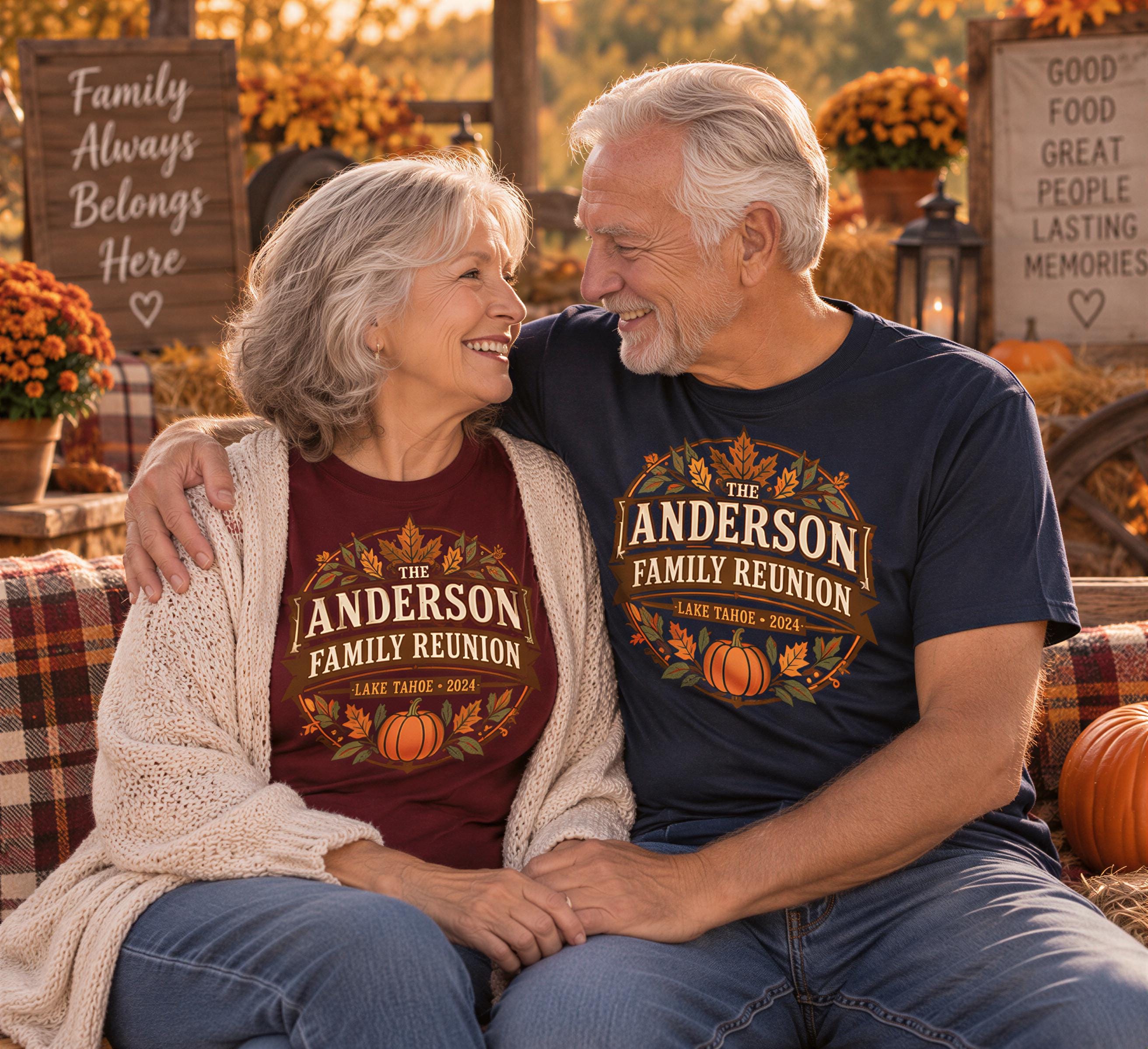An older couple, dressed in matching "The Anderson Family Reunion Lake Tahoe 2014" t-shirts, sit together on a bench surrounded by fall decorations, including pumpkins and fall foliage.