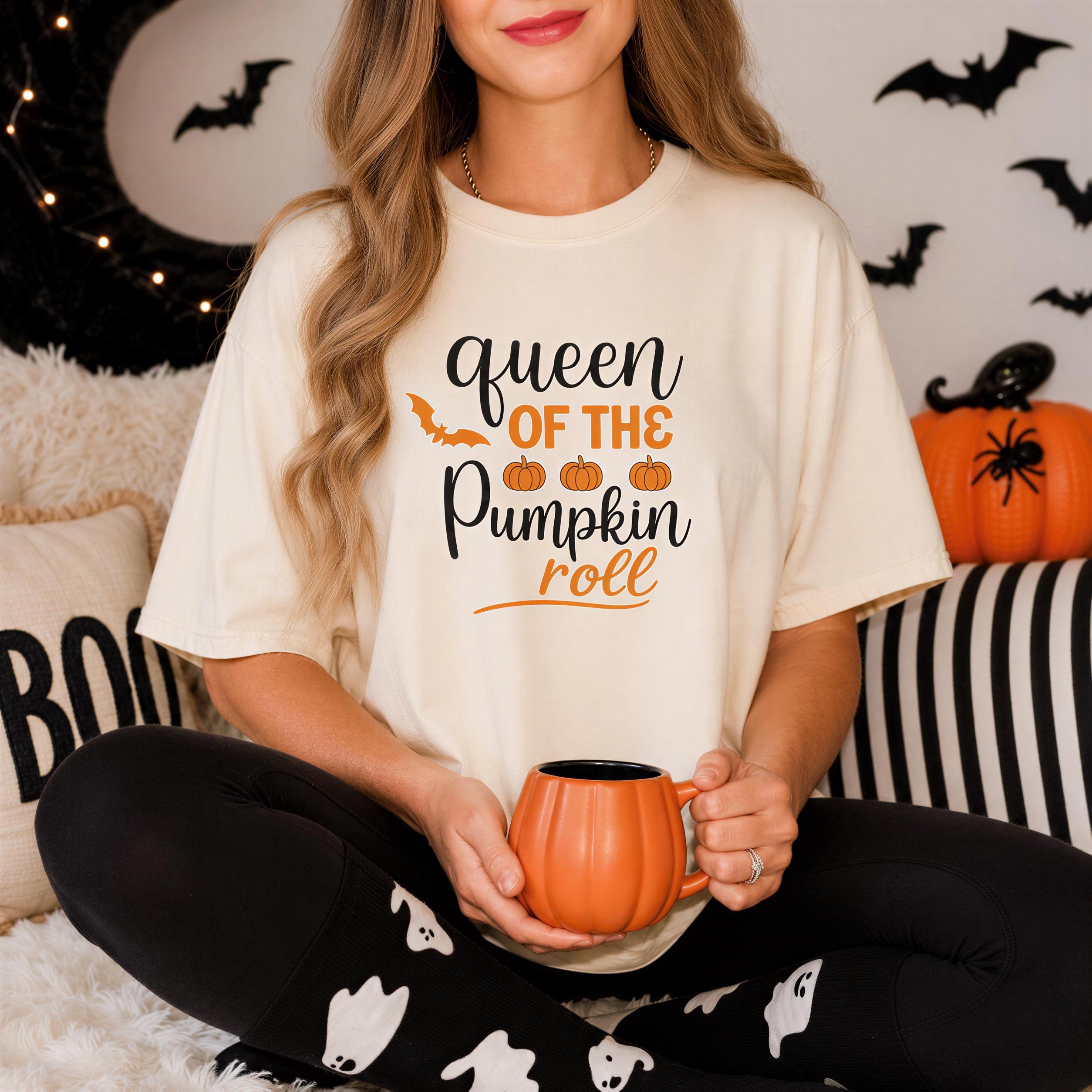 A woman wearing a white t-shirt with the text "Queen of the Pumpkin Roll" is sitting on a couch, holding a pumpkin-shaped mug.