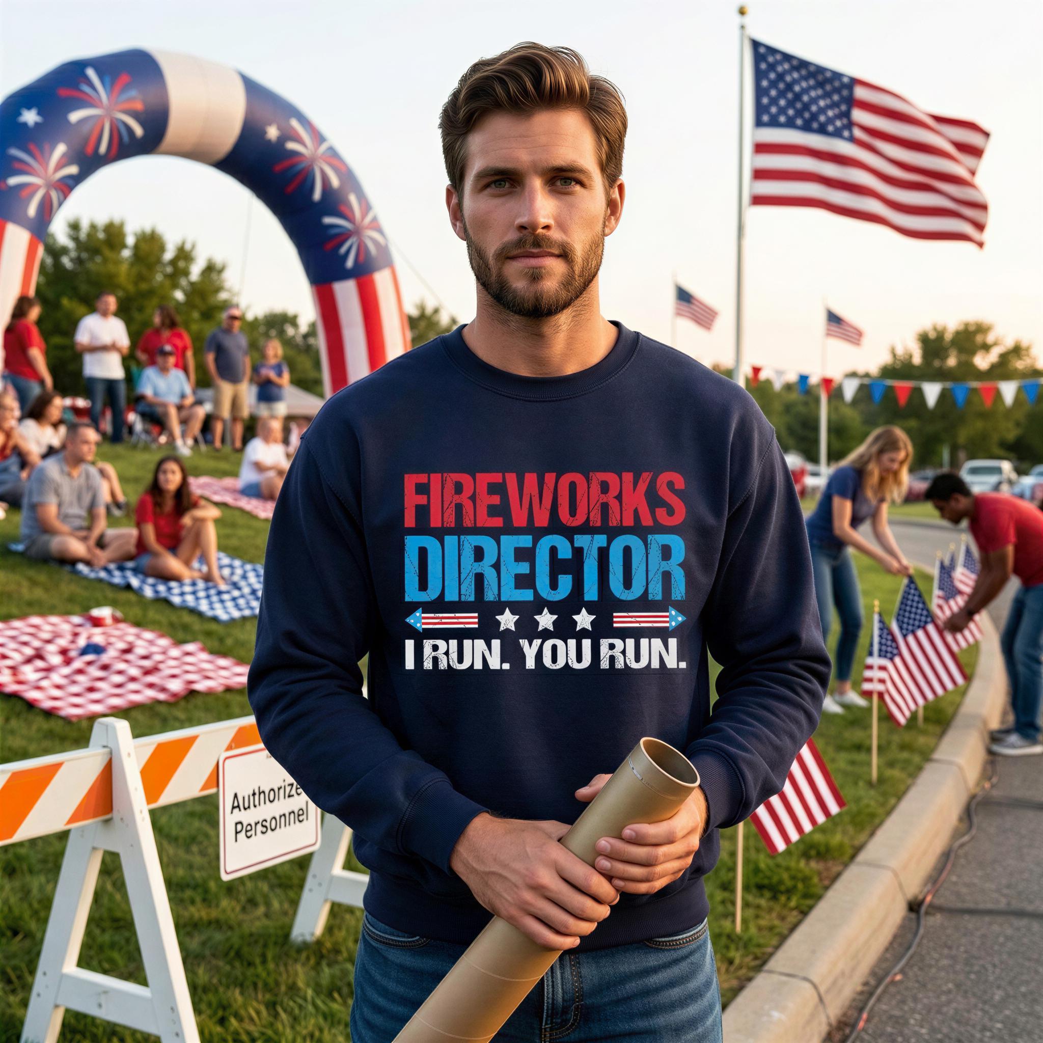 A man wearing a blue sweatshirt with the text "FIREWORKS DIRECTOR I RUN YOU RUN" stands in front of a large American flag and a crowd of people.