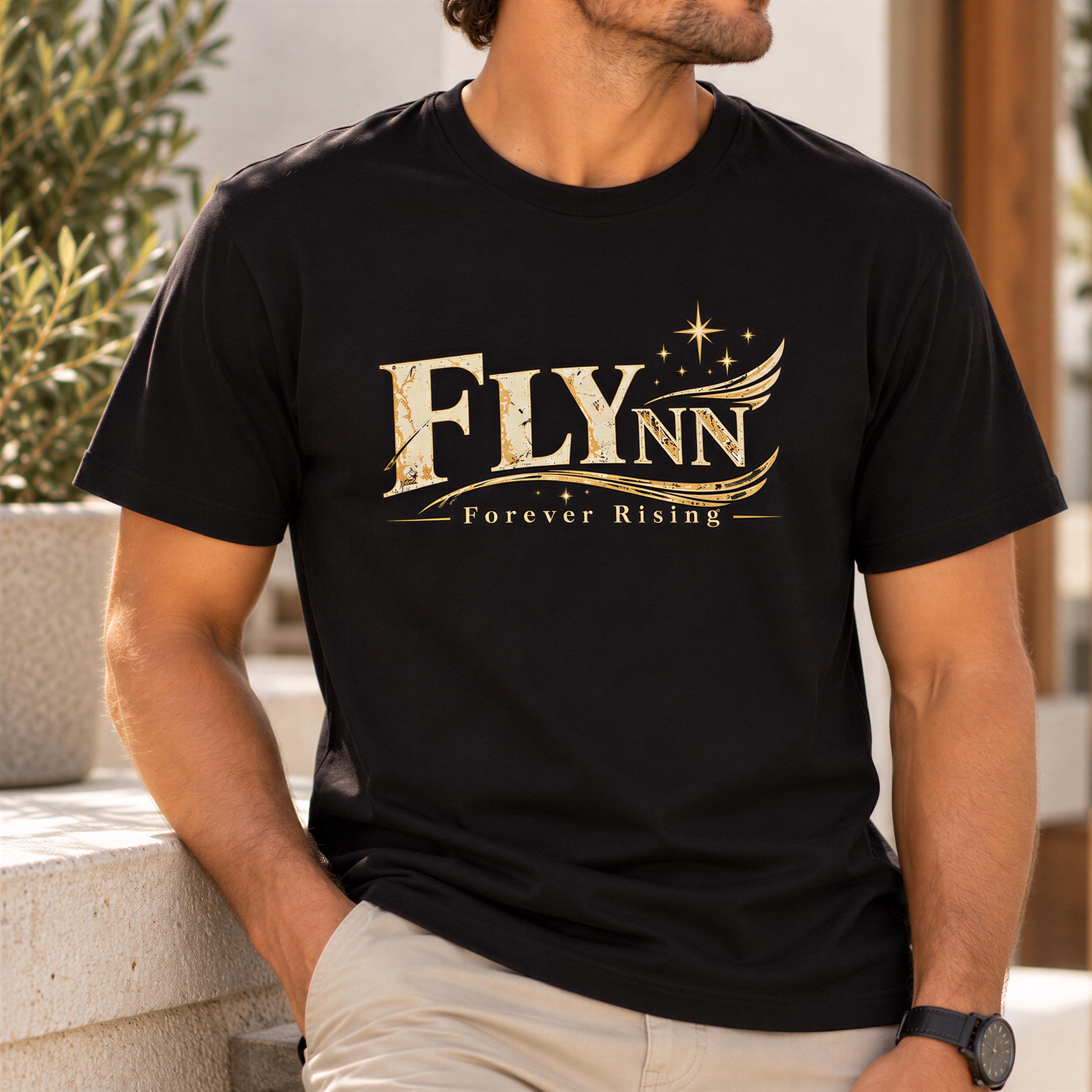 A man wearing a black t-shirt with the text "FlyNN Forever Rising" printed on it.