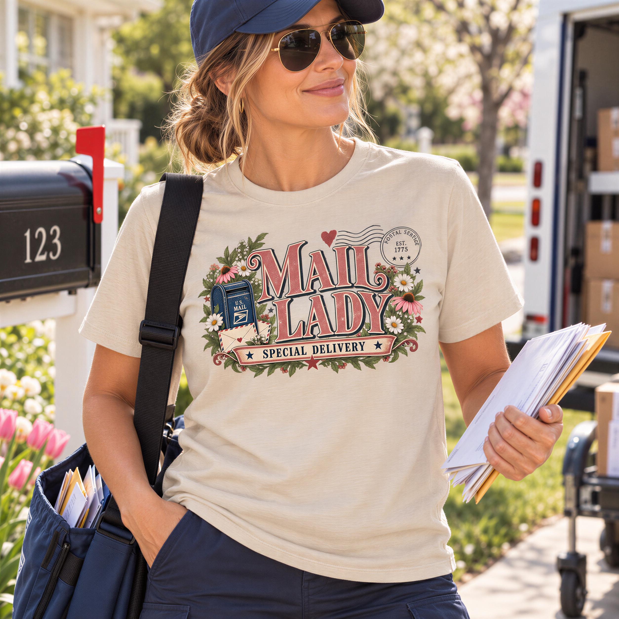 A woman wearing sunglasses and a t-shirt with a floral design stands outside, holding a stack of papers and a bag.