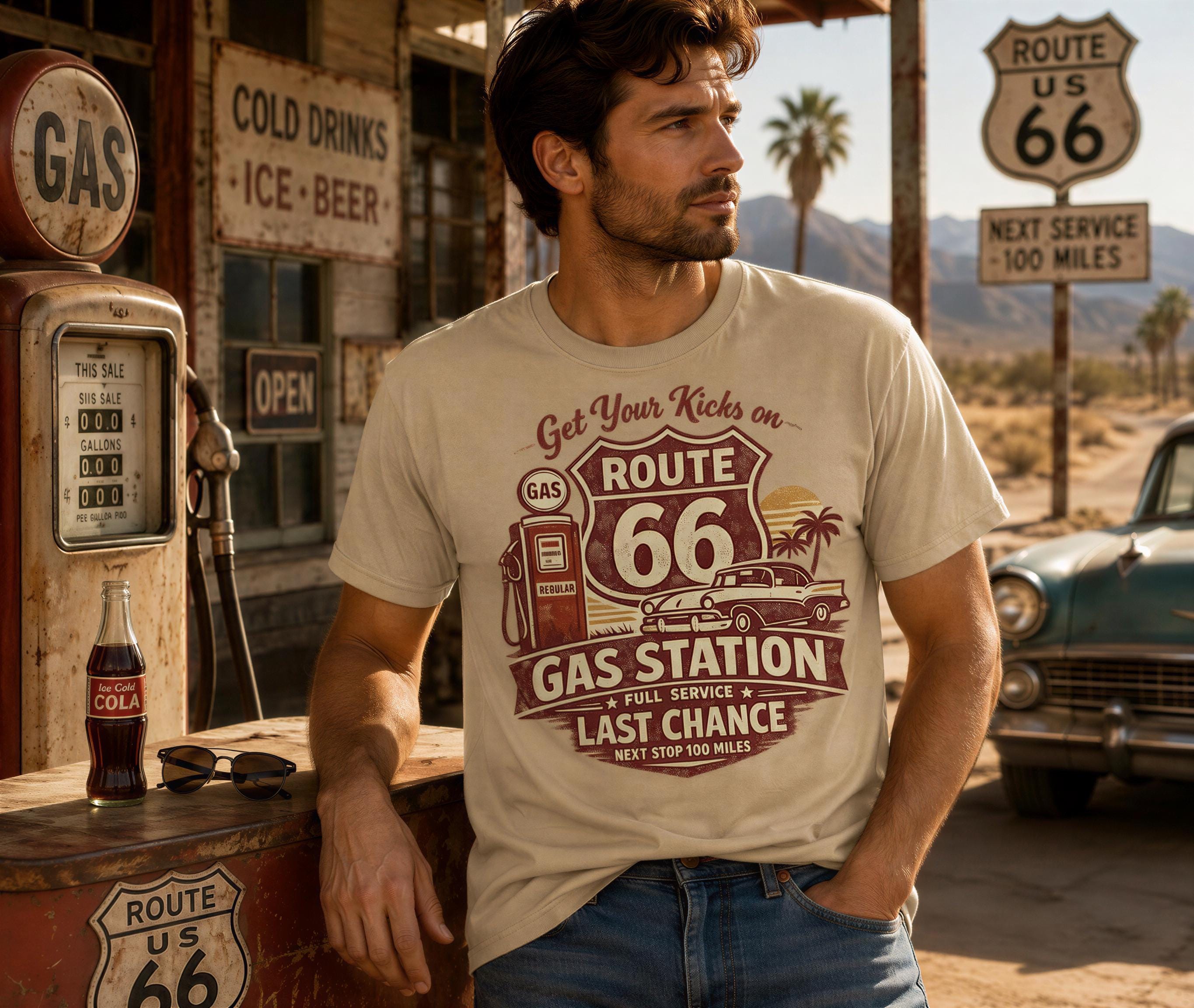 A man stands in front of a vintage gas station, wearing a t-shirt with a graphic design promoting Route 66.