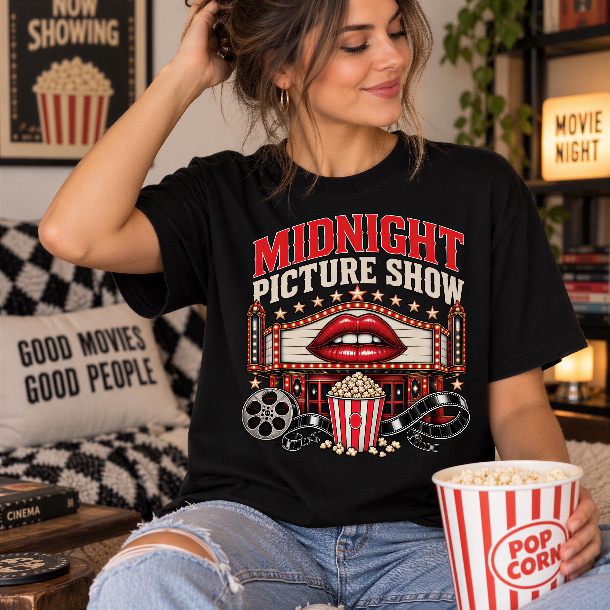 A woman sitting on a couch, wearing a black t-shirt with a graphic design of a movie theater and popcorn, while holding a bucket of popcorn.