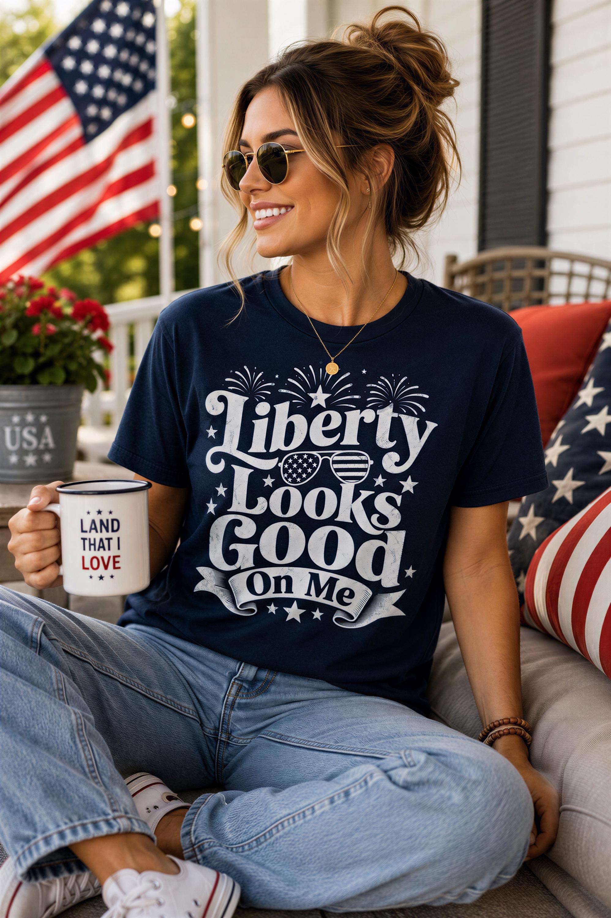 A woman wearing a navy blue t-shirt with the text "Liberty Looks Good on Me" is sitting on a couch, holding a mug and smiling.