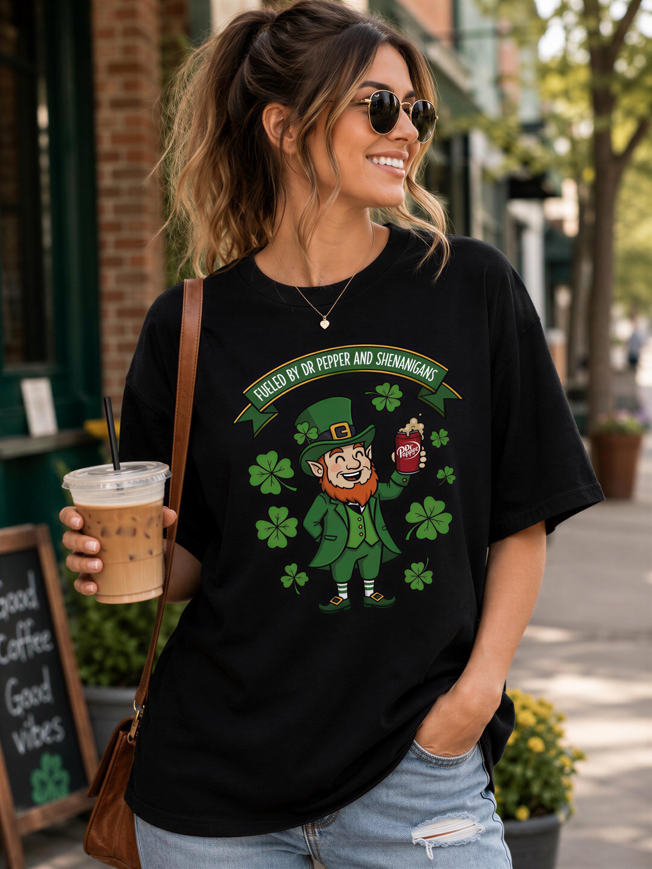 A woman wearing a black t-shirt with a cartoon leprechaun and the text "EUGED BY DR PEPPER AND SCHENAGANS" is holding a drink and smiling.