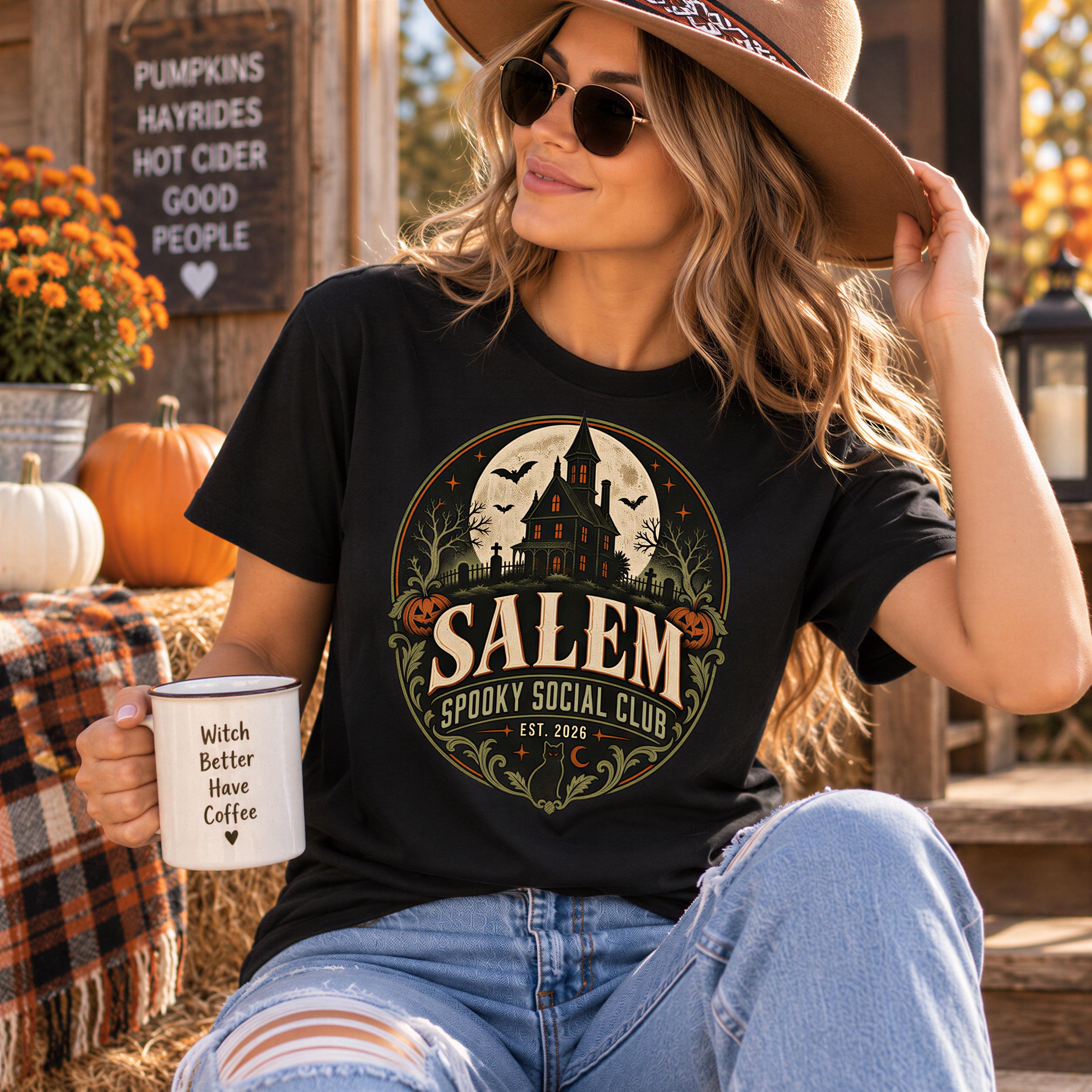 A woman wearing a black t-shirt with a Halloween-themed design, sunglasses, and a wide-brimmed hat is sitting outdoors, holding a mug with the text "Witch Better Have Coffee" printed on it.