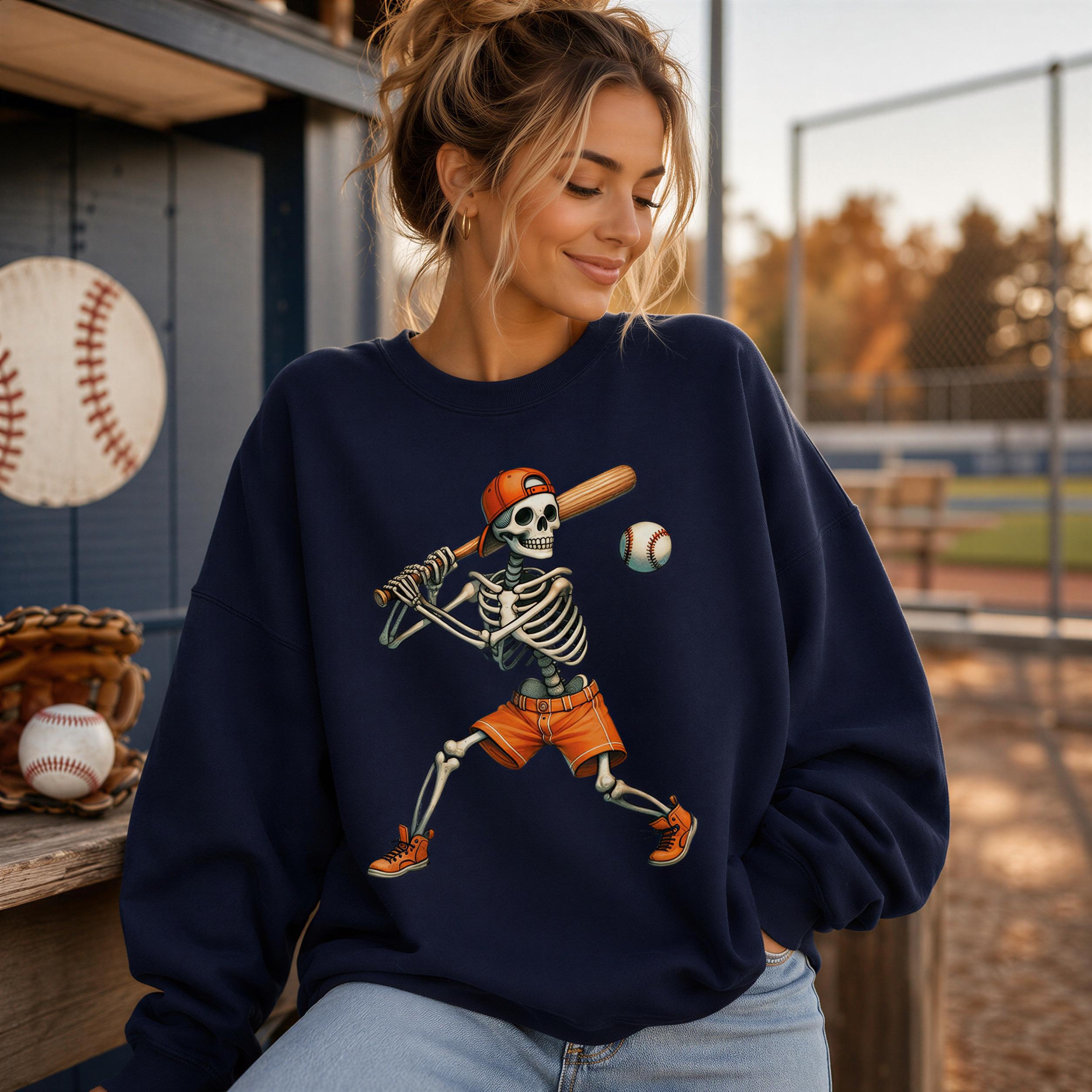 A woman wearing a navy blue sweatshirt with a graphic of a skeleton playing baseball, smiling and looking down.