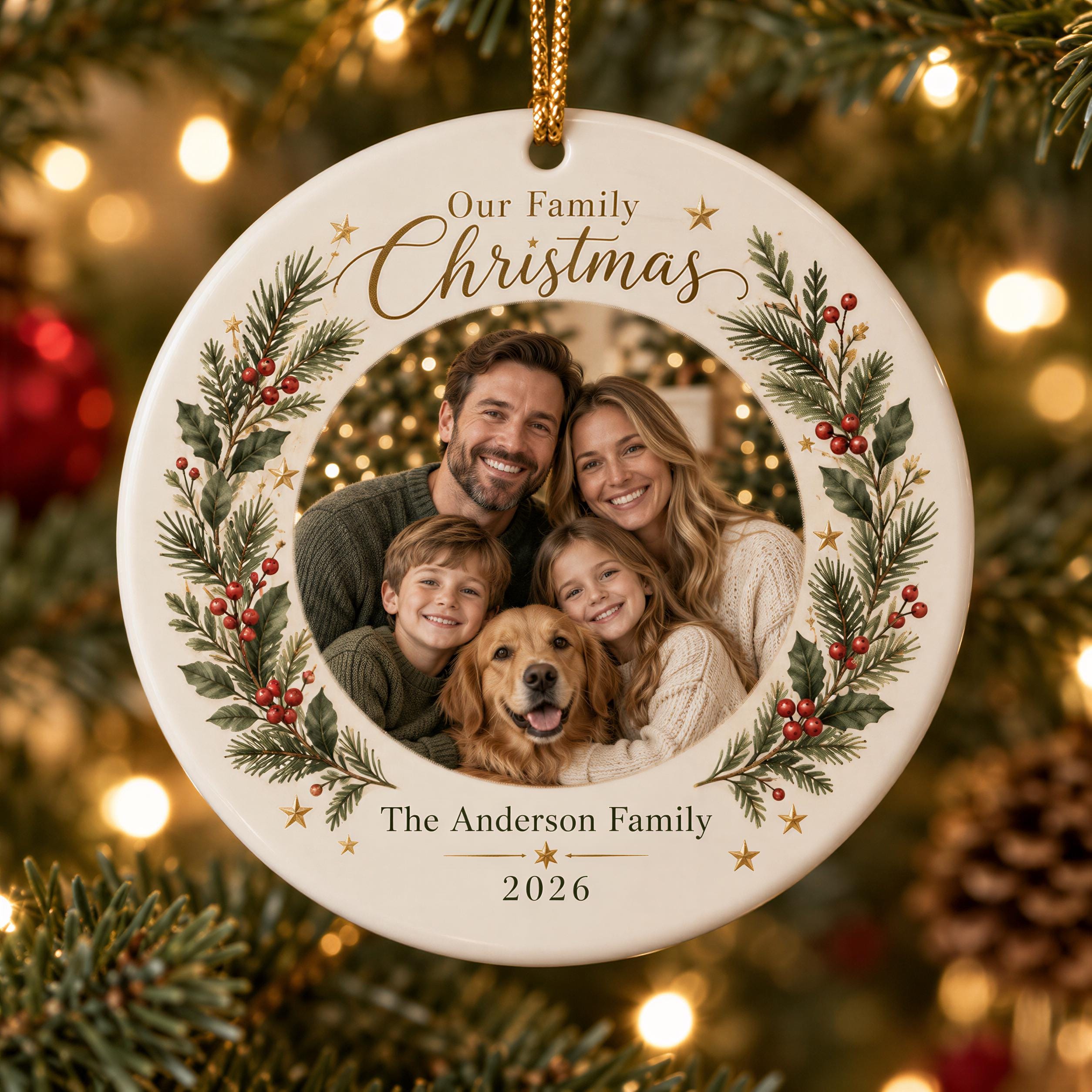 A white ornament with a family photo of a man, woman, and two children, along with a dog, surrounded by a wreath of greenery and red berries. The ornament is hanging on a Christmas tree with twinkling lights in the background.