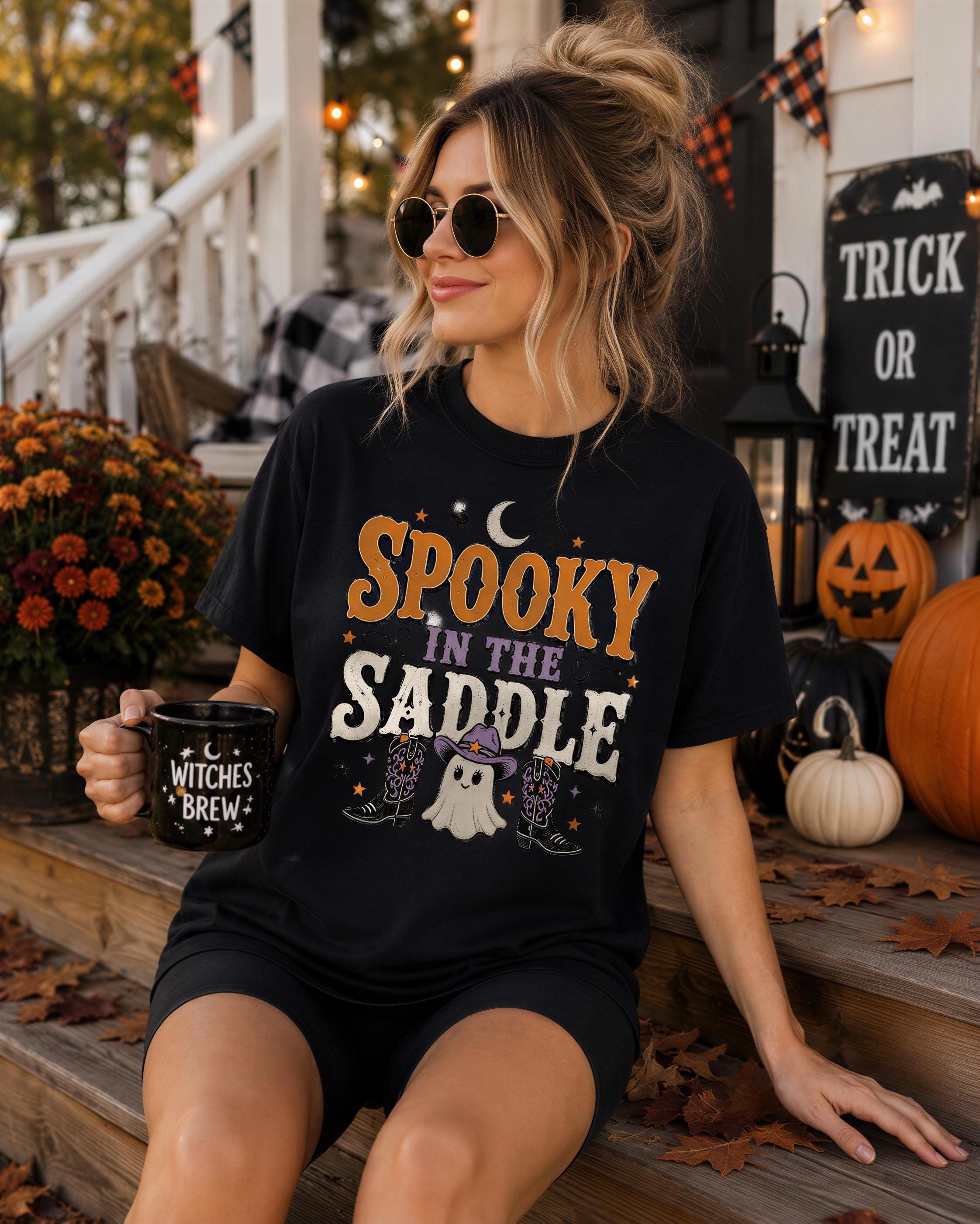 A woman wearing a black t-shirt with a Halloween-themed design is sitting on a porch, holding a mug with the text "SPOKEY IN THE SADDLE" and surrounded by Halloween decorations.