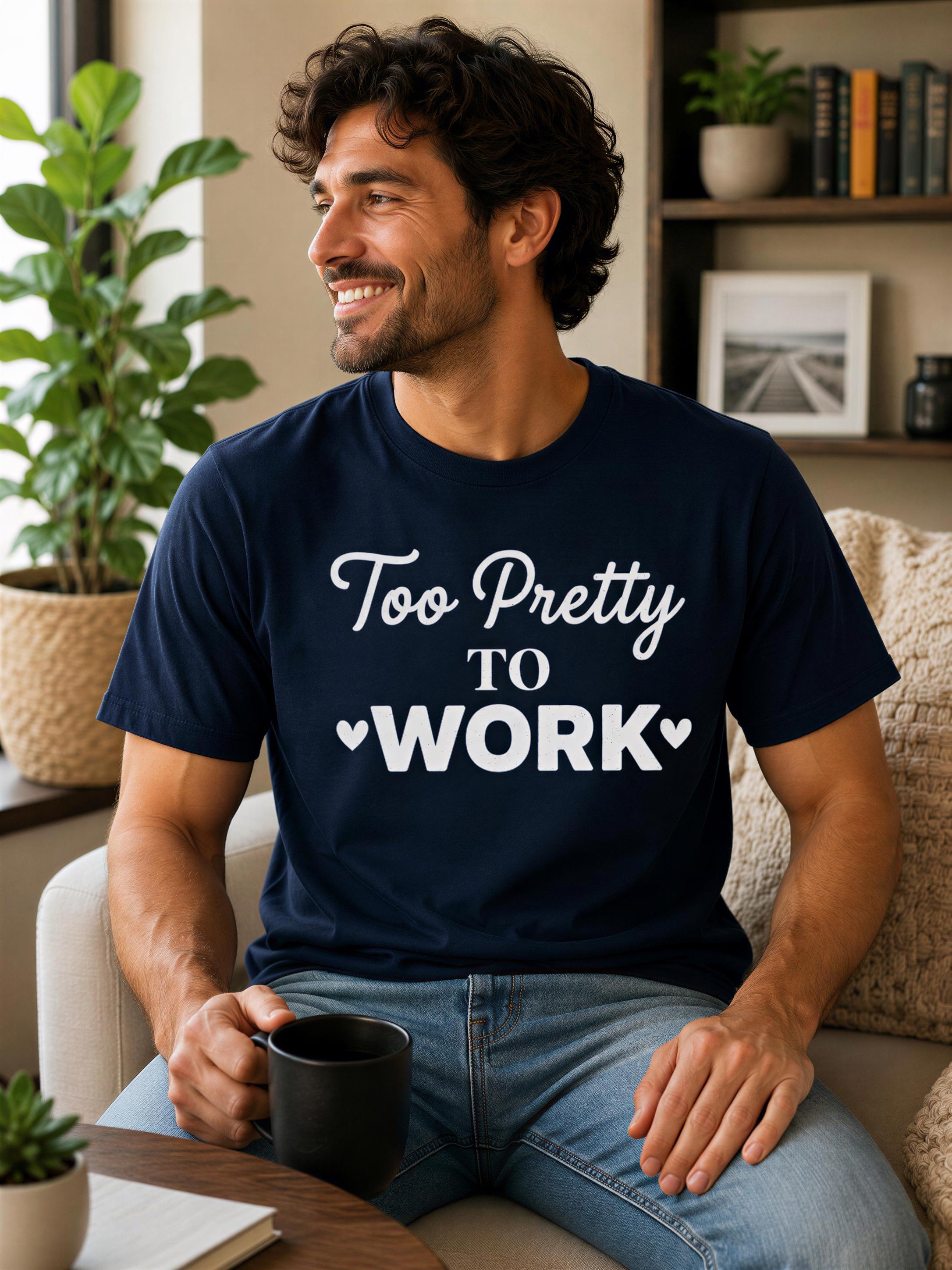A man wearing a navy blue t-shirt with the text "Too Pretty to Work" is sitting on a couch, smiling and holding a black coffee mug.