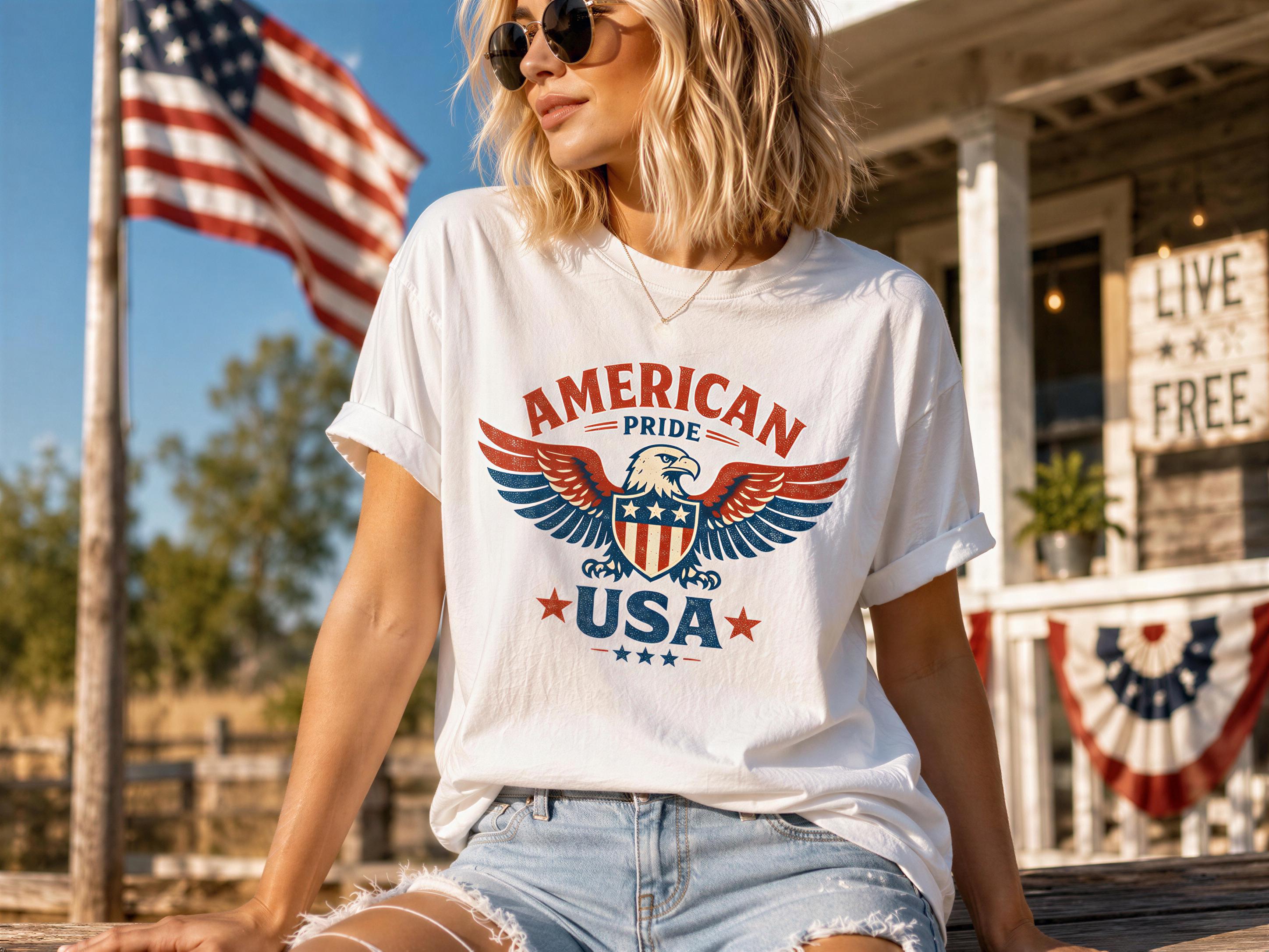 A woman wearing a white t-shirt with an American flag design and sunglasses is sitting on a wooden bench in front of a building with a "LIVE FREE" sign.
