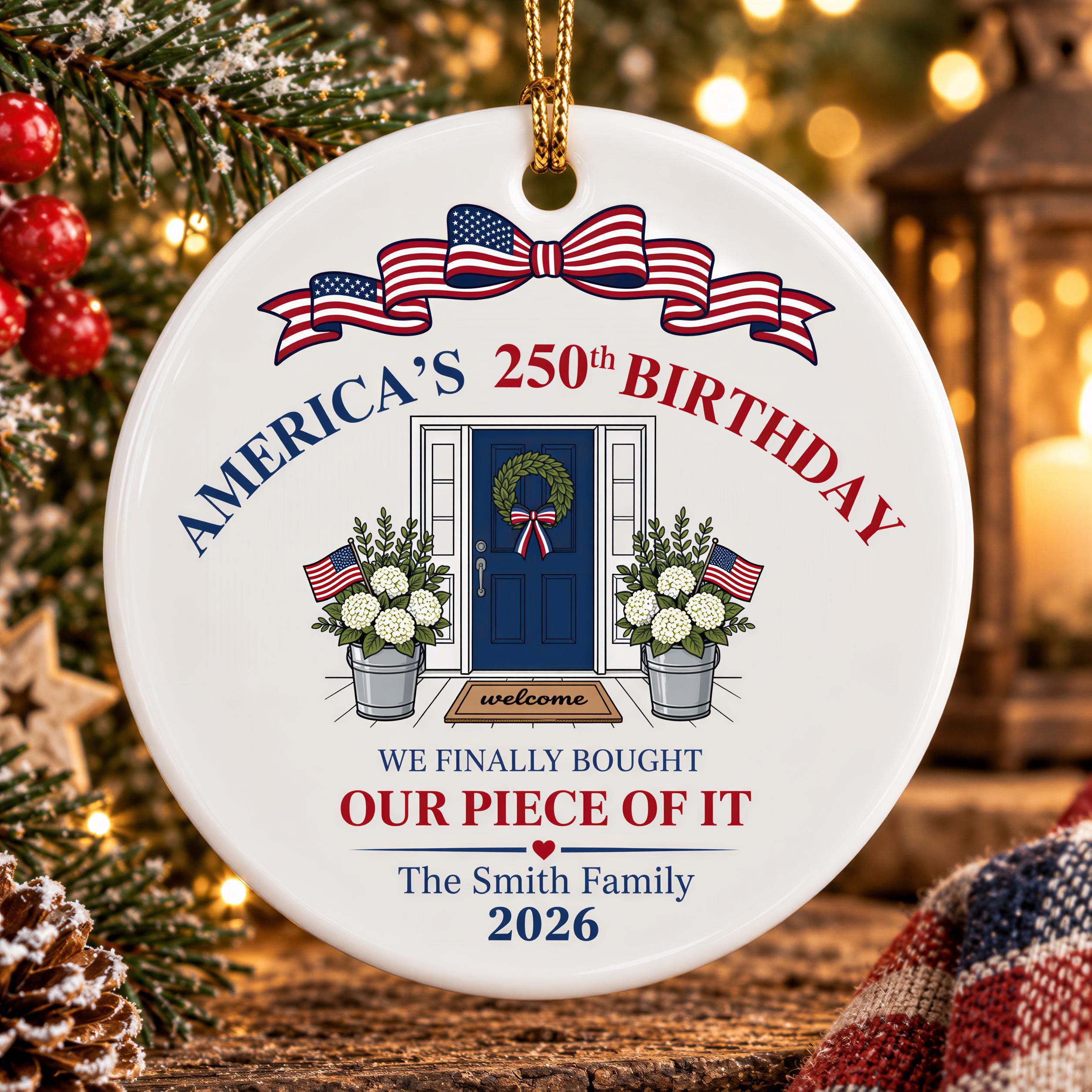 A white ceramic ornament with a blue door, American flags, and a wreath, hanging on a Christmas tree. The ornament reads "America's 250th Birthday" and "We finally bought our piece of it The Smith Family 2026".
