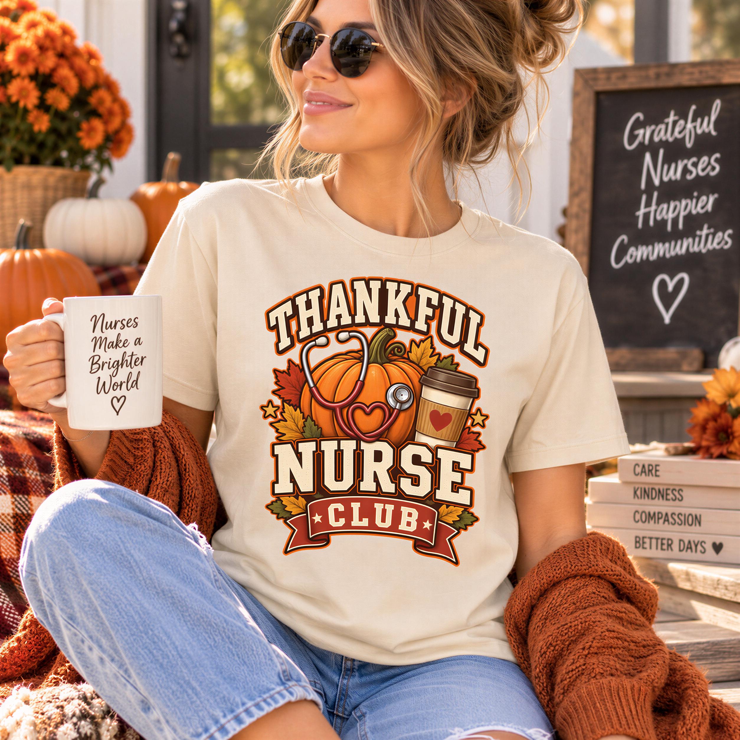 A woman wearing a white t-shirt with a graphic design and holding a coffee mug, sitting on a wooden bench with a chalkboard sign in the background.