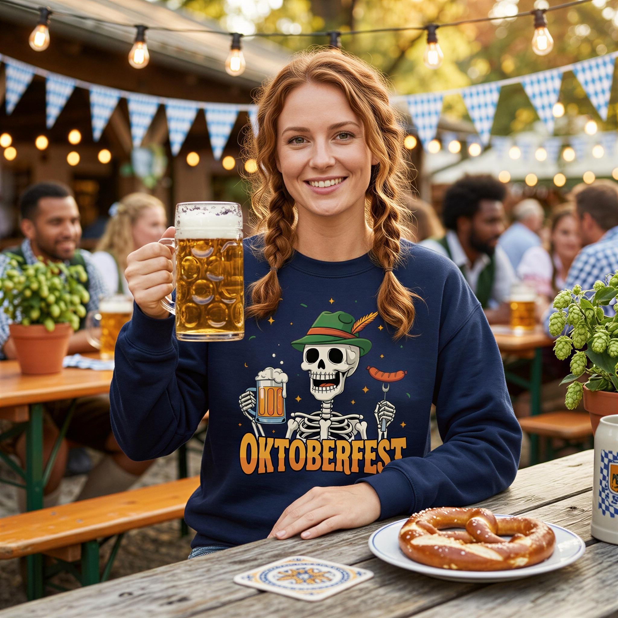 A woman wearing a blue sweatshirt with a skeleton holding a beer mug is smiling and holding a pretzel at an outdoor table with other people in the background.