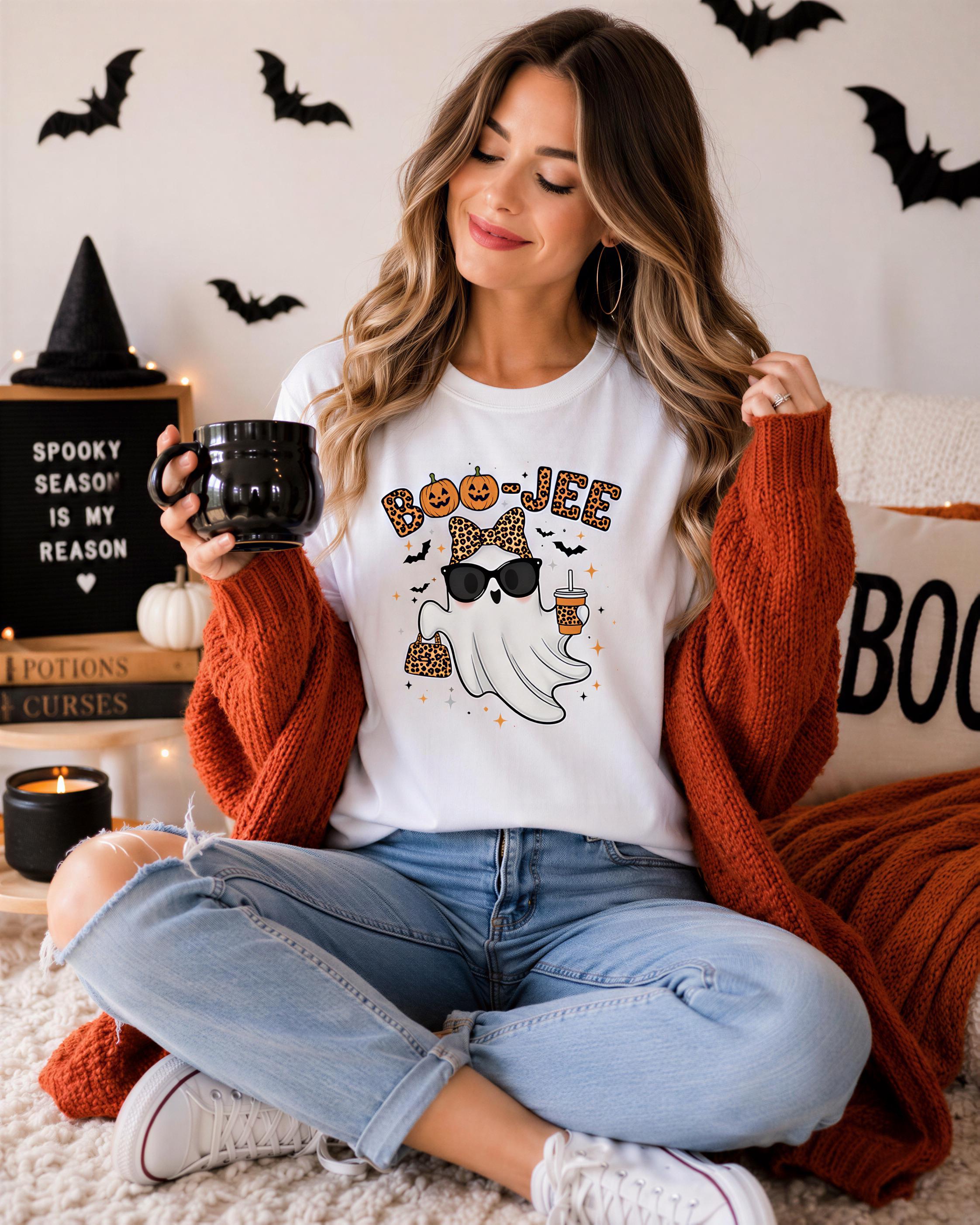 A woman sitting on the floor, wearing a white t-shirt with a graphic of a ghost and sunglasses, holding a black mug, and wearing an orange cardigan.