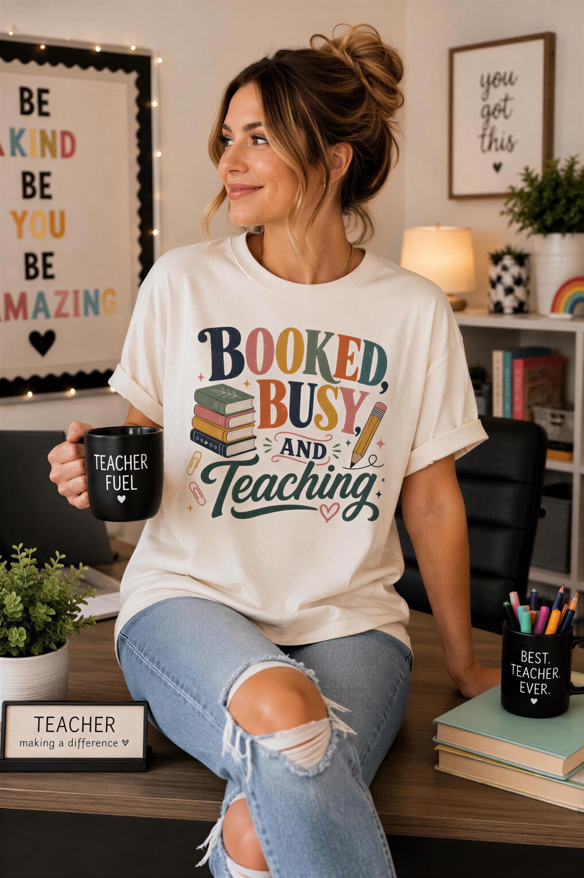 A woman wearing a white t-shirt with a colorful graphic and text, sitting at a desk with a mug and a plant, and surrounded by books and other items.