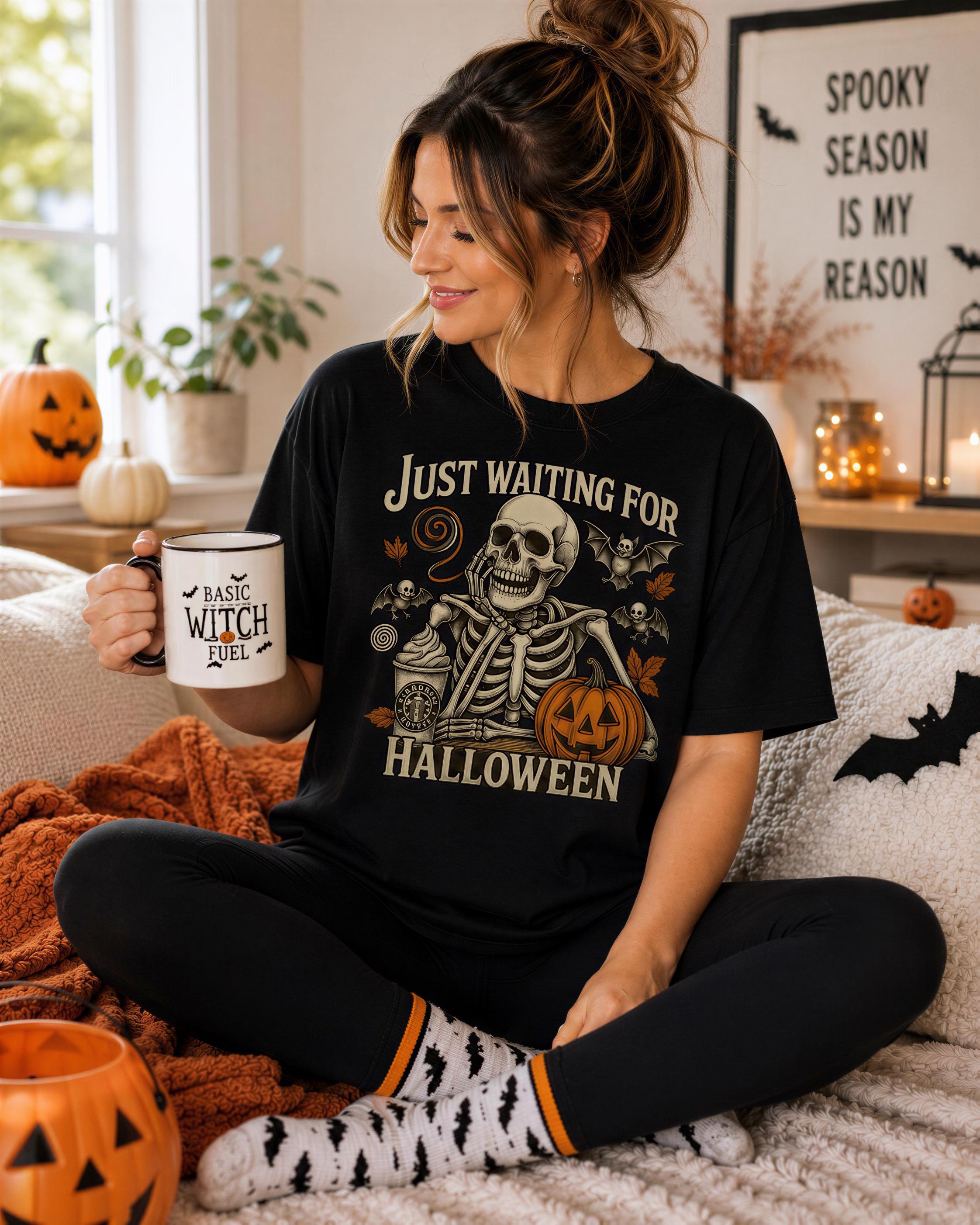 A woman sitting on a couch, wearing a black t-shirt with a Halloween-themed graphic and holding a mug with the text "Just waiting for witch fuel".