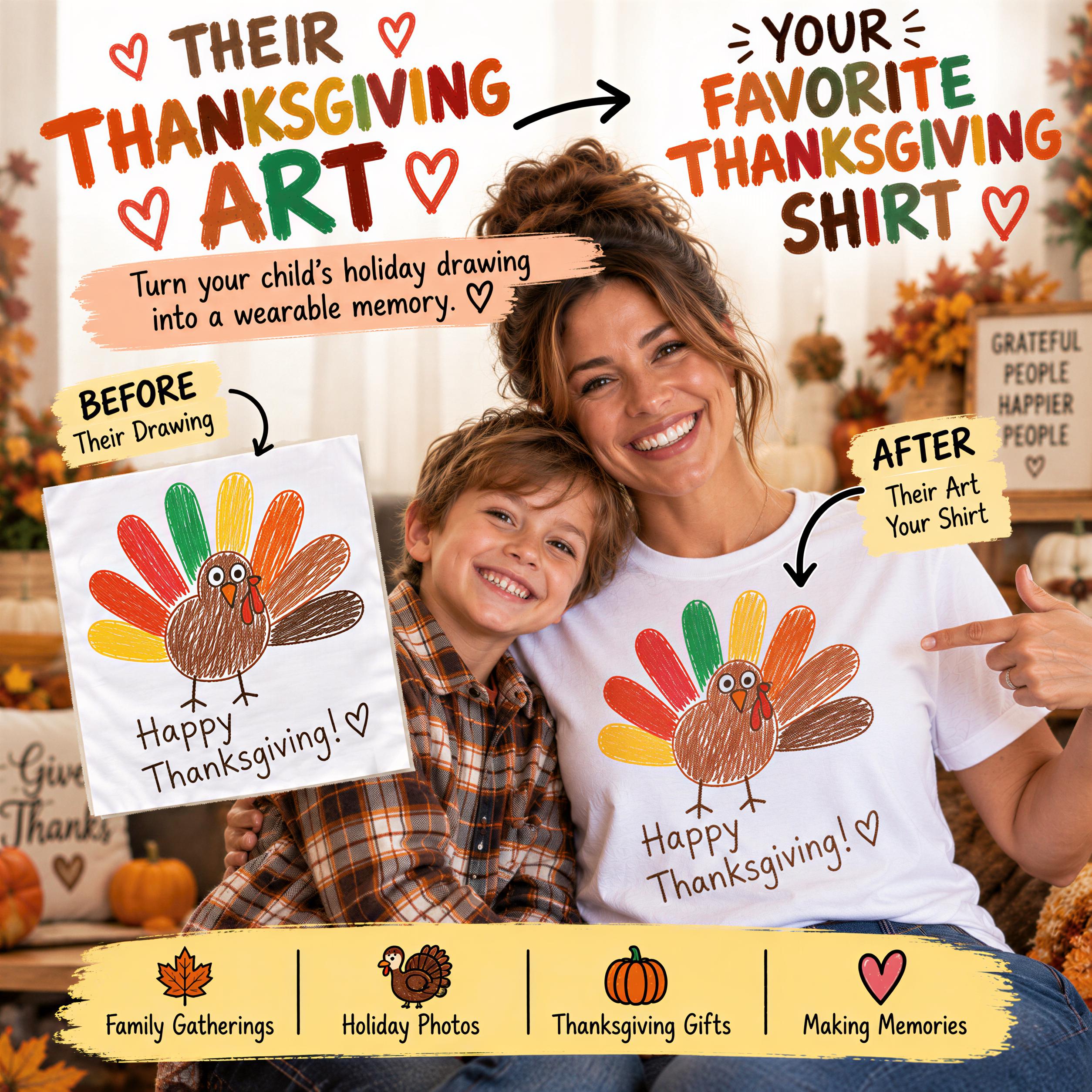 A woman and a child are smiling and posing for a photo, with a turkey drawing on their t-shirts. The woman is pointing to the child's drawing, suggesting they are creating a memorable Thanksgiving art project together.