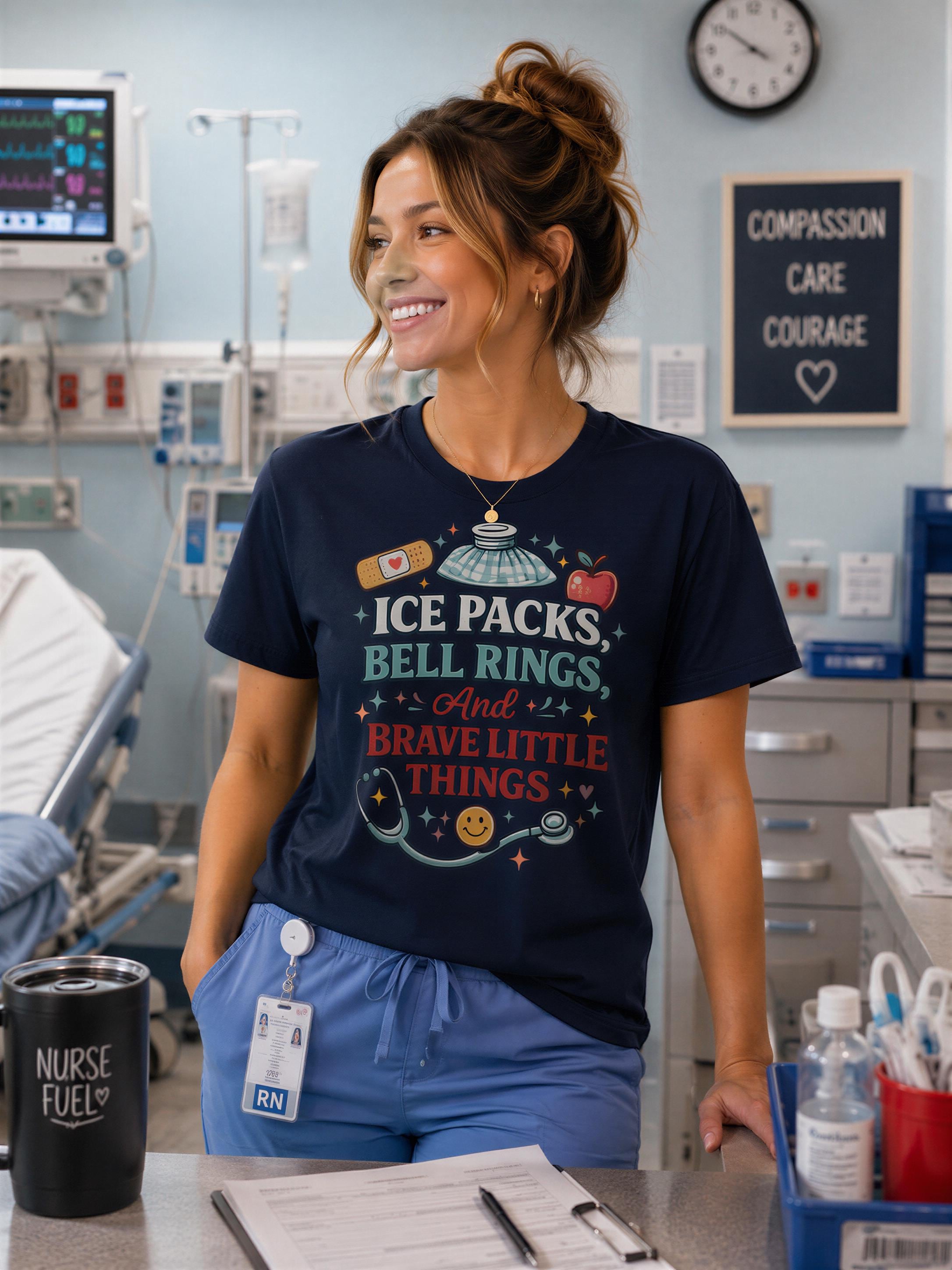 A smiling woman wearing a blue t-shirt with text and graphics stands in a hospital room with medical equipment and supplies visible in the background.